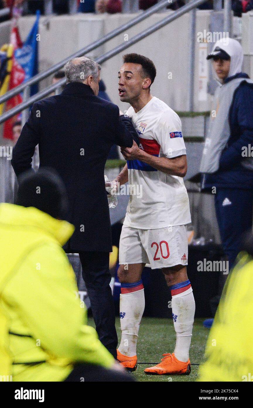 Lyon Manager Bruno Genesio (left) and Lyon's Fernando Marcal during an alteration  Stock Photo