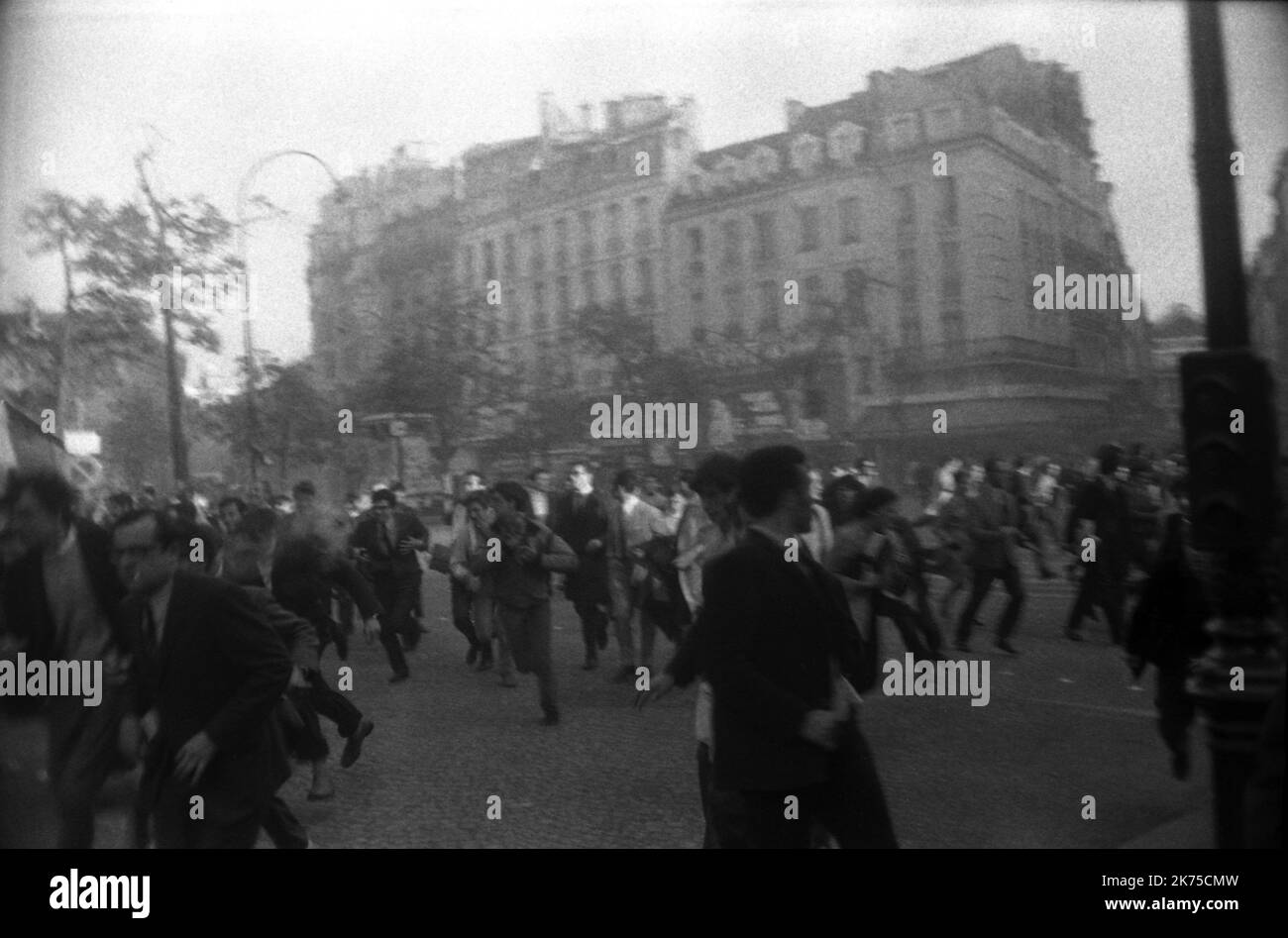 The volatile period of civil unrest in France during May 1968 was punctuated by demonstrations and massive general strikes as well as the occupation of universities and factories across France. At the height of its fervor, it brought the entire economy of France to a virtual halt. The protests reached such a point that political leaders feared civil war or revolution; the national government itself momentarily ceased to function after President CharlesdeGaulle secretly fled France for a few hours. The protests spurred an artistic movement, with songs, imaginative graffiti, posters, and slogans Stock Photo
