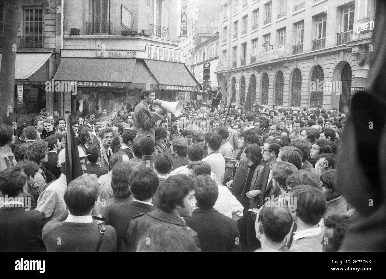 The volatile period of civil unrest in France during May 1968 was punctuated by demonstrations and massive general strikes as well as the occupation of universities and factories across France. At the height of its fervor, it brought the entire economy of France to a virtual halt. The protests reached such a point that political leaders feared civil war or revolution; the national government itself momentarily ceased to function after President CharlesdeGaulle secretly fled France for a few hours. The protests spurred an artistic movement, with songs, imaginative graffiti, posters, and slogans Stock Photo