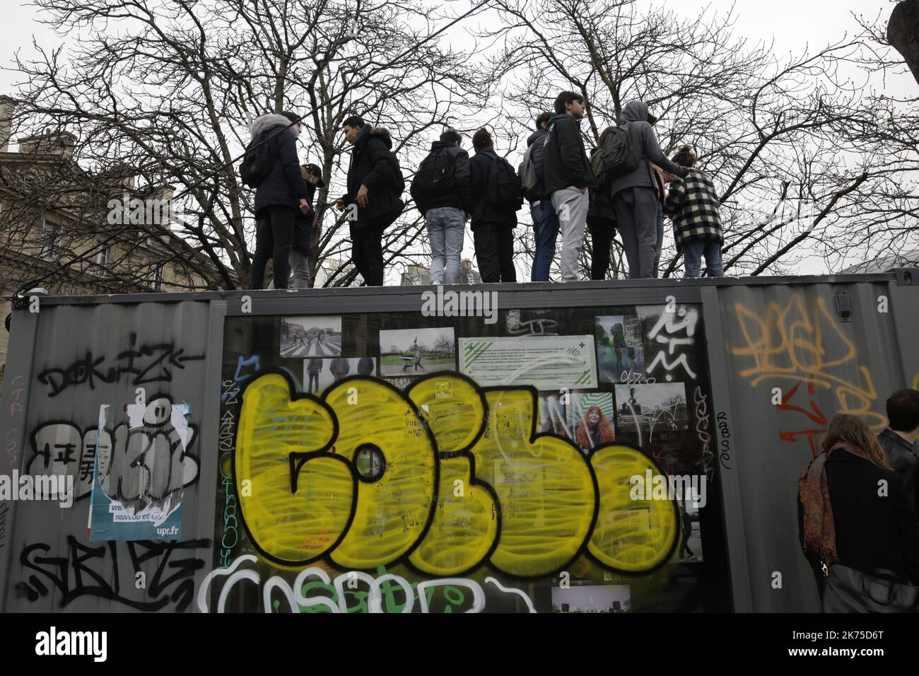 Several hundred young students gathered at the Place de la Nation in Paris to demonstrate against the government's policy, particularly about university selection. The demonstration broke up shortly after an hour after several clashes erupted between the protesters and the police. Near the Charonne metro, several arrests took place and at least one person was injured by the police. Stock Photo