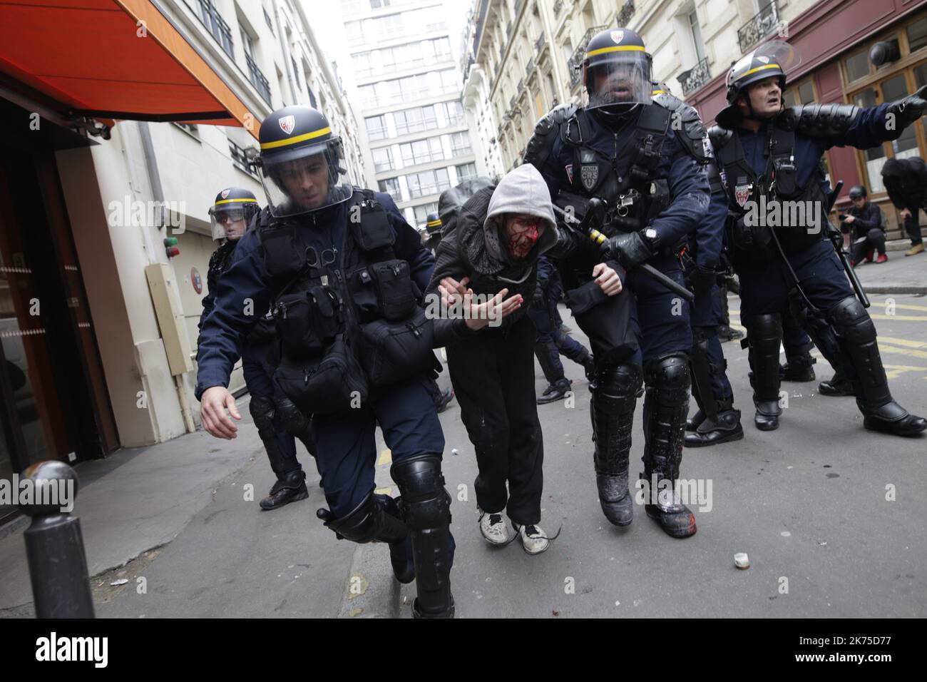 Several hundred young students gathered at the Place de la Nation in Paris to demonstrate against the government's policy, particularly about university selection. The demonstration broke up shortly after an hour after several clashes erupted between the protesters and the police. Near the Charonne metro, several arrests took place and at least one person was injured by the police. Stock Photo