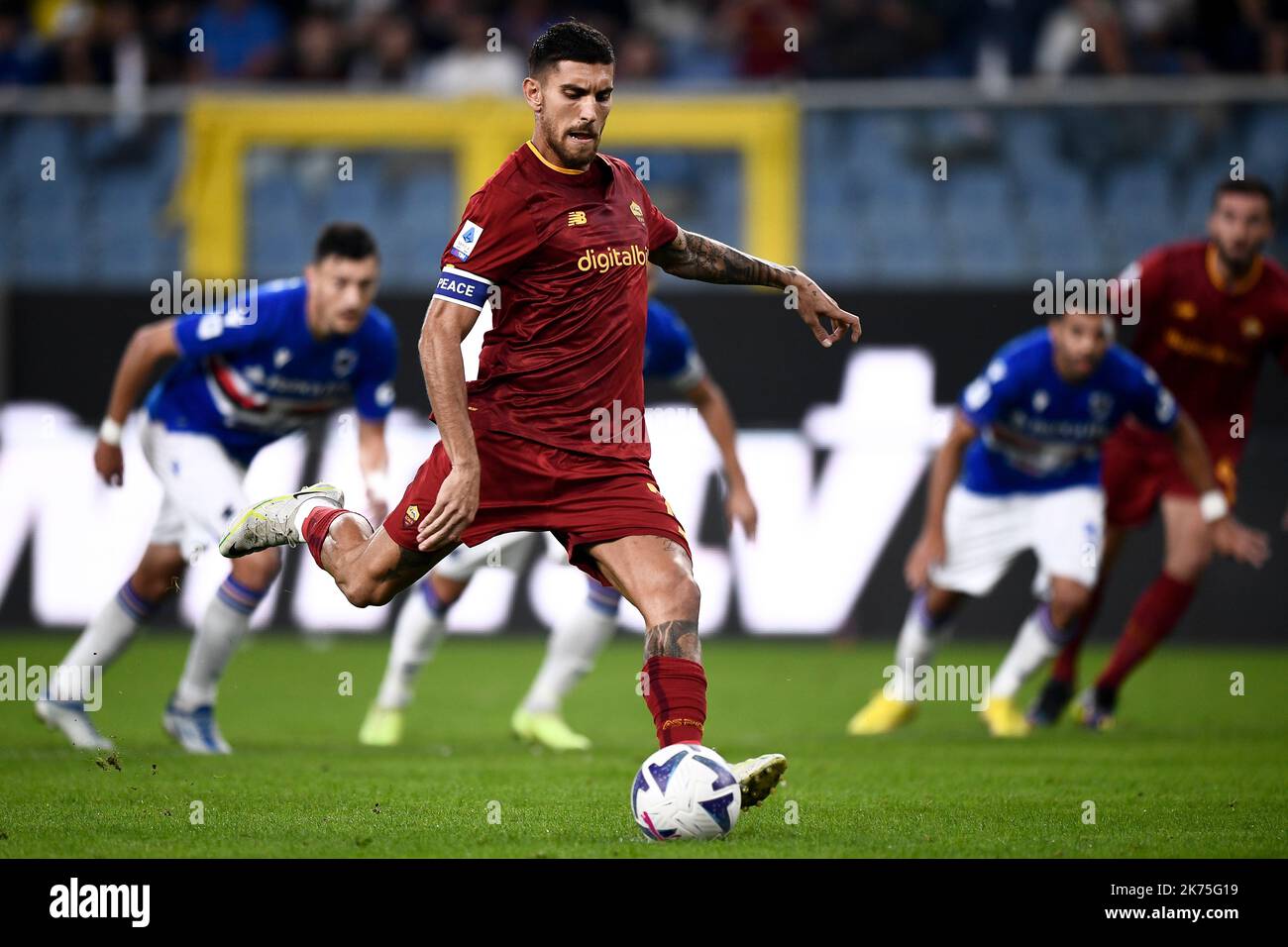 Genoa, Italy. 17 October 2022. Lorenzo Pellegrini of AS Roma scores a