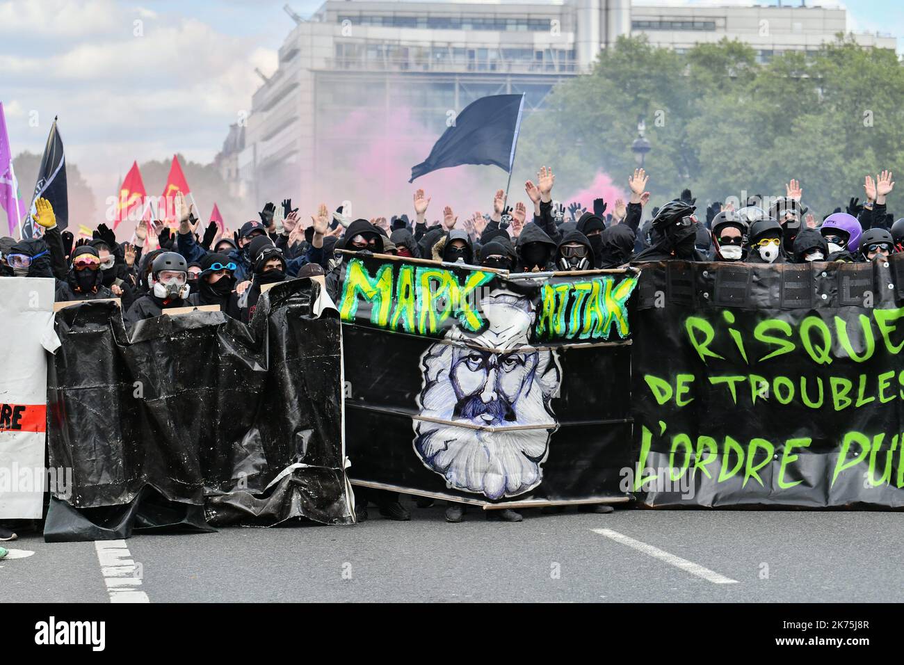 May day protests in paris stock photo alamy