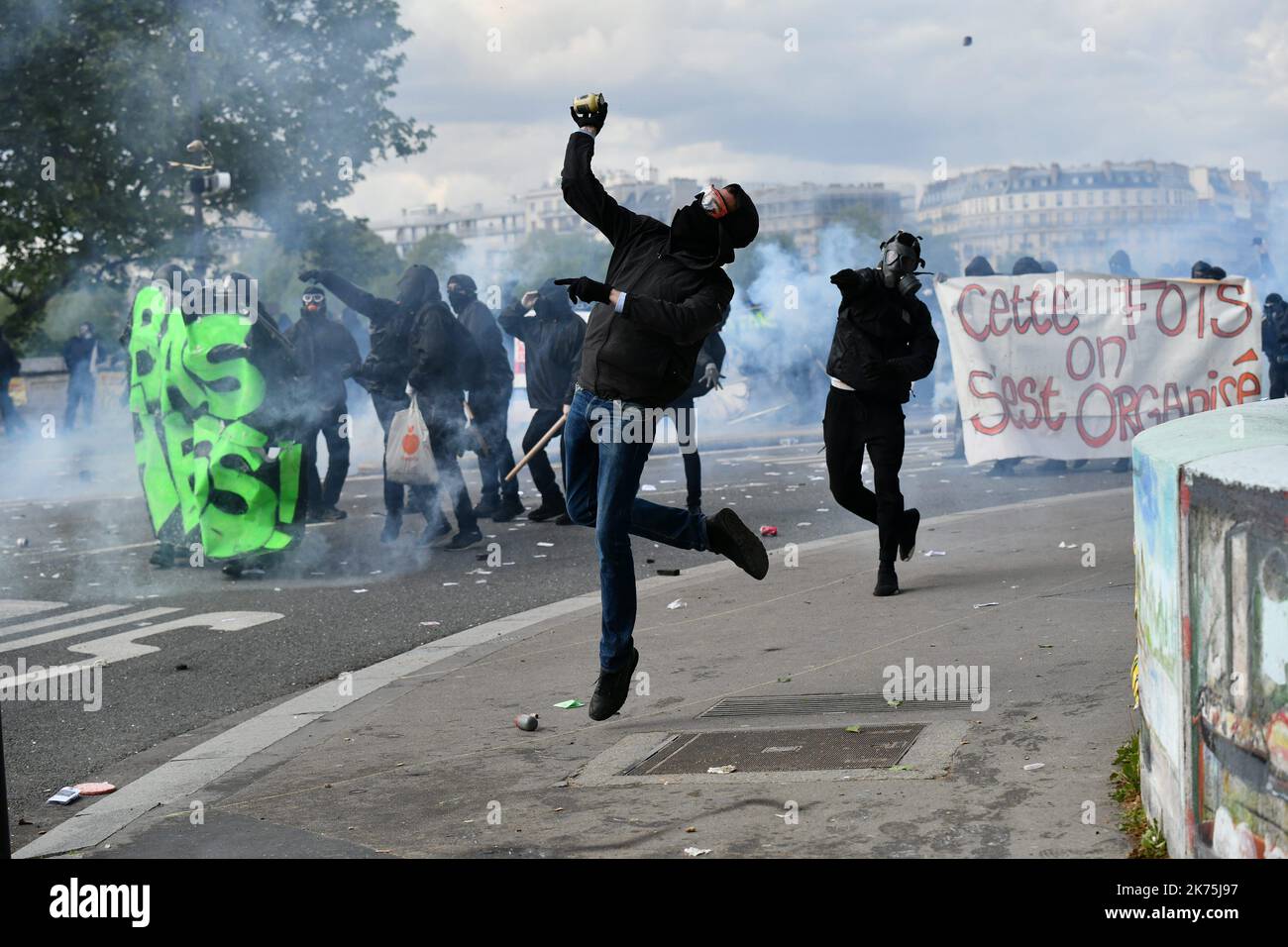 May day protests in paris stock photo alamy