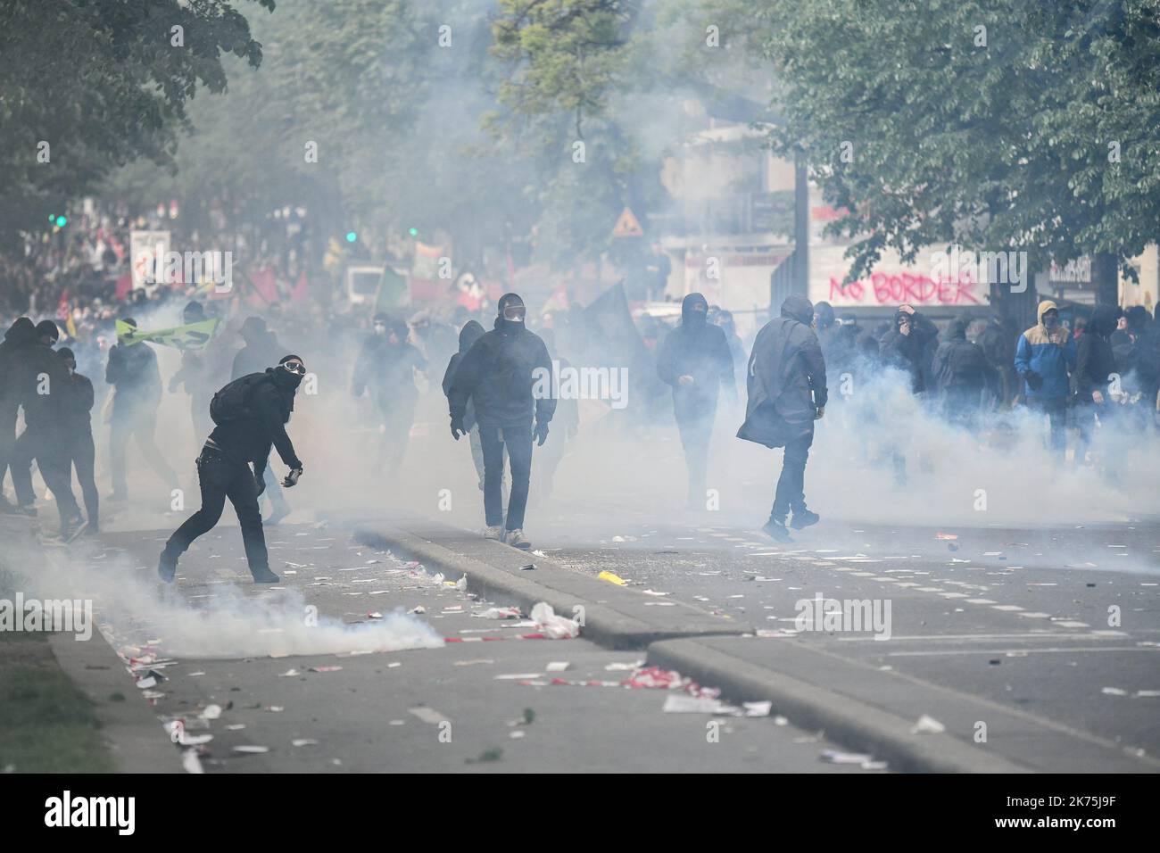 May day protests in paris stock photo alamy