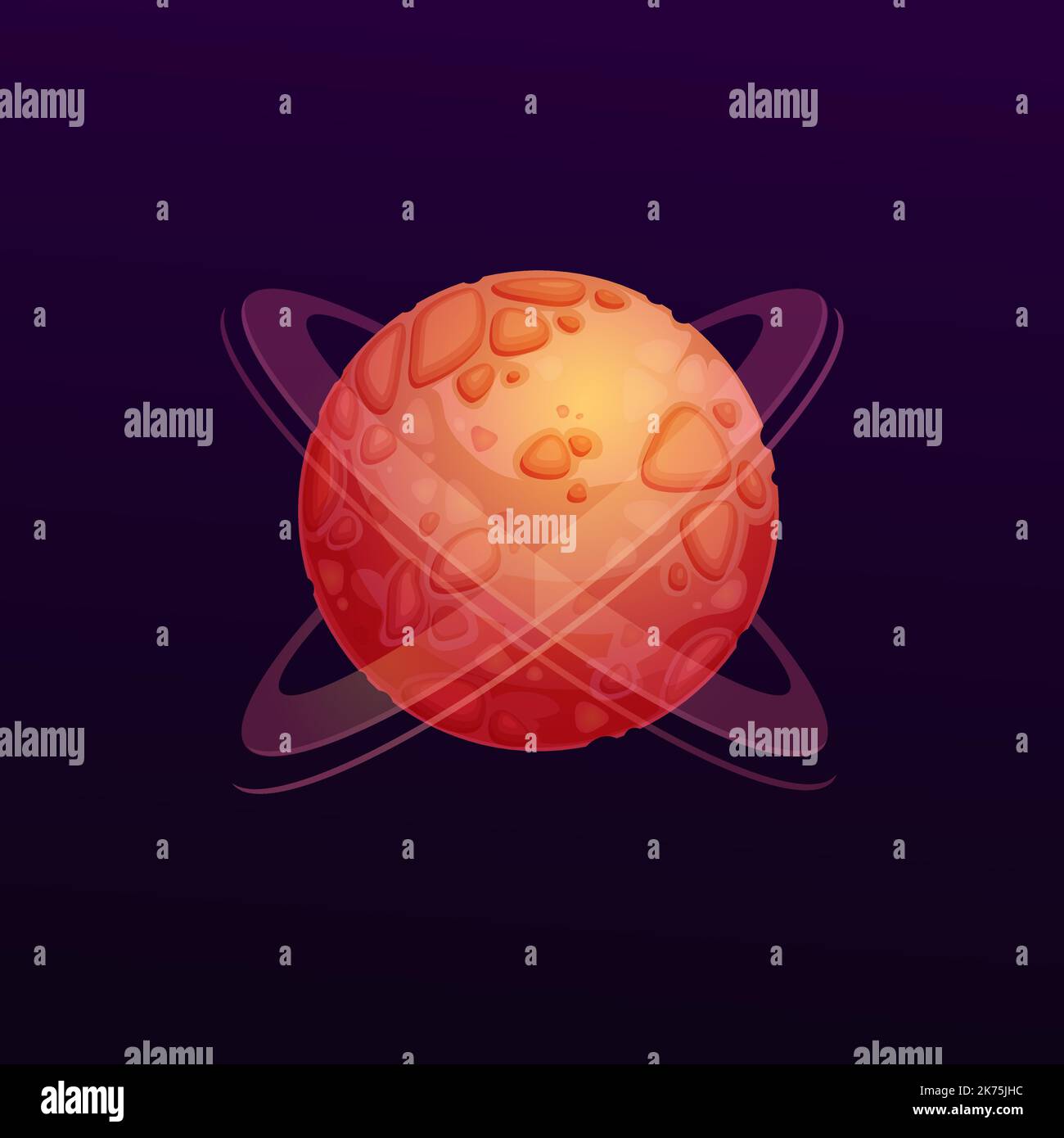 Cartoon red space planet with craters and rings. Fantastic galaxy or ...