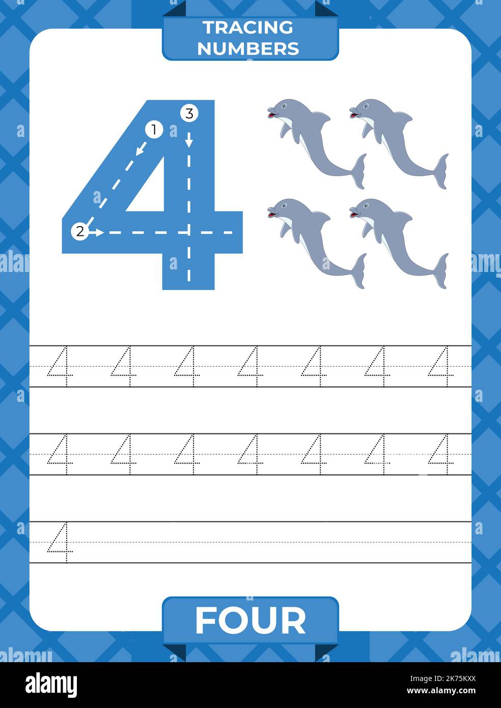 Number 4 trace, Worksheet for learning numbers, kids learning material, kids activity page. Stock Vector