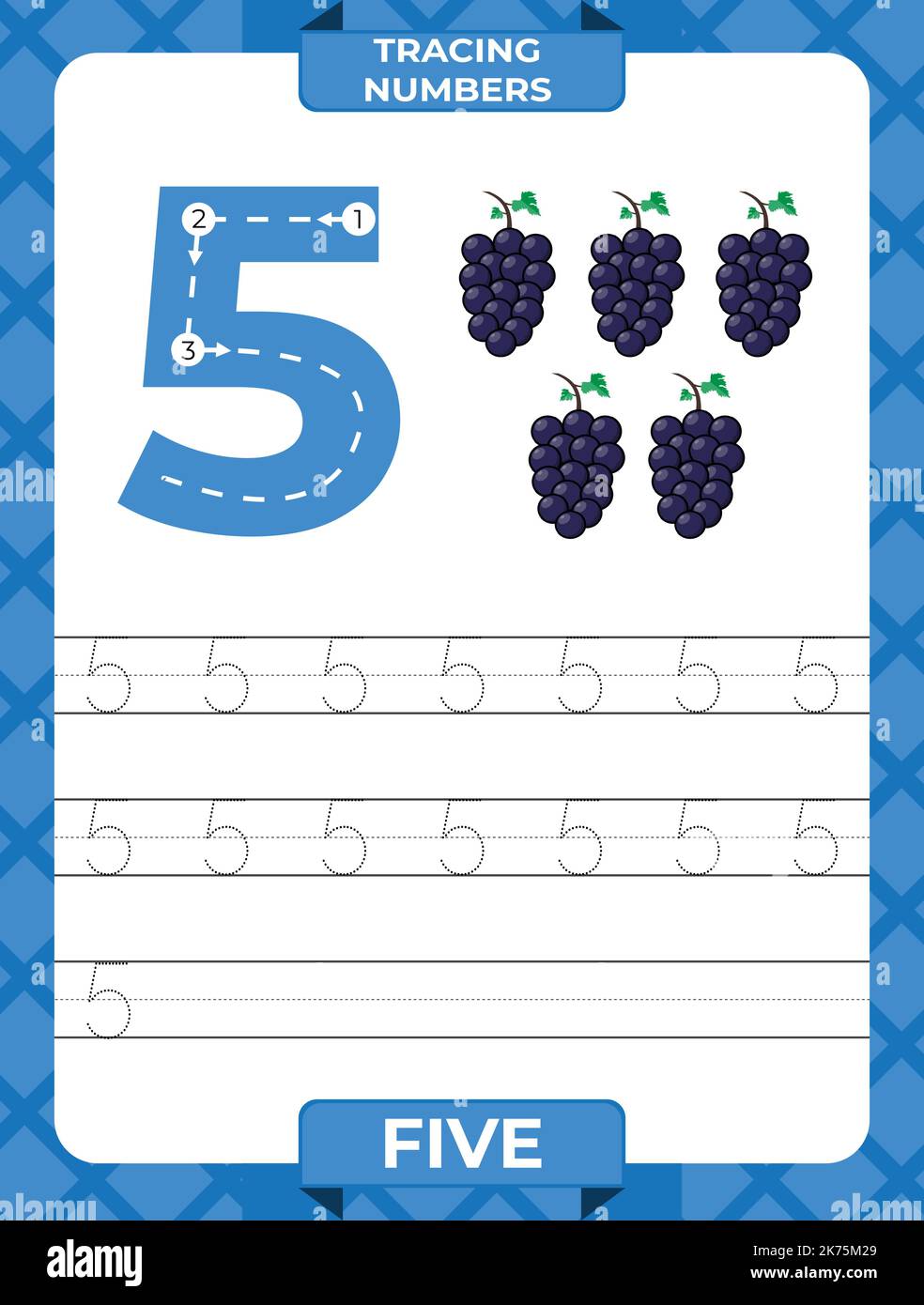 Number 5 trace, Worksheet for learning numbers, kids learning material, kids activity page. Stock Vector