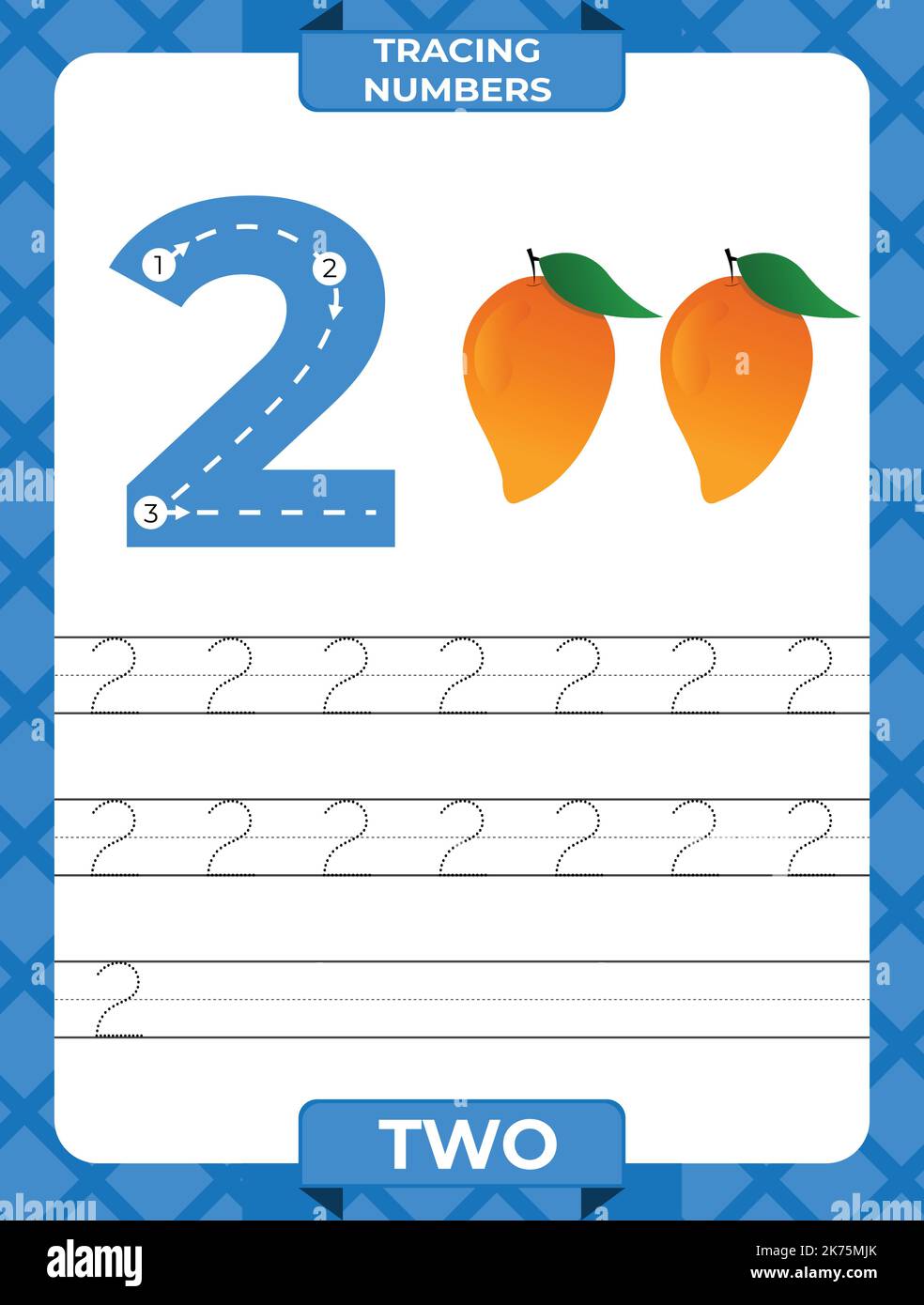 Number 2 trace, Worksheet for learning numbers, kids learning material, kids activity page. Stock Vector