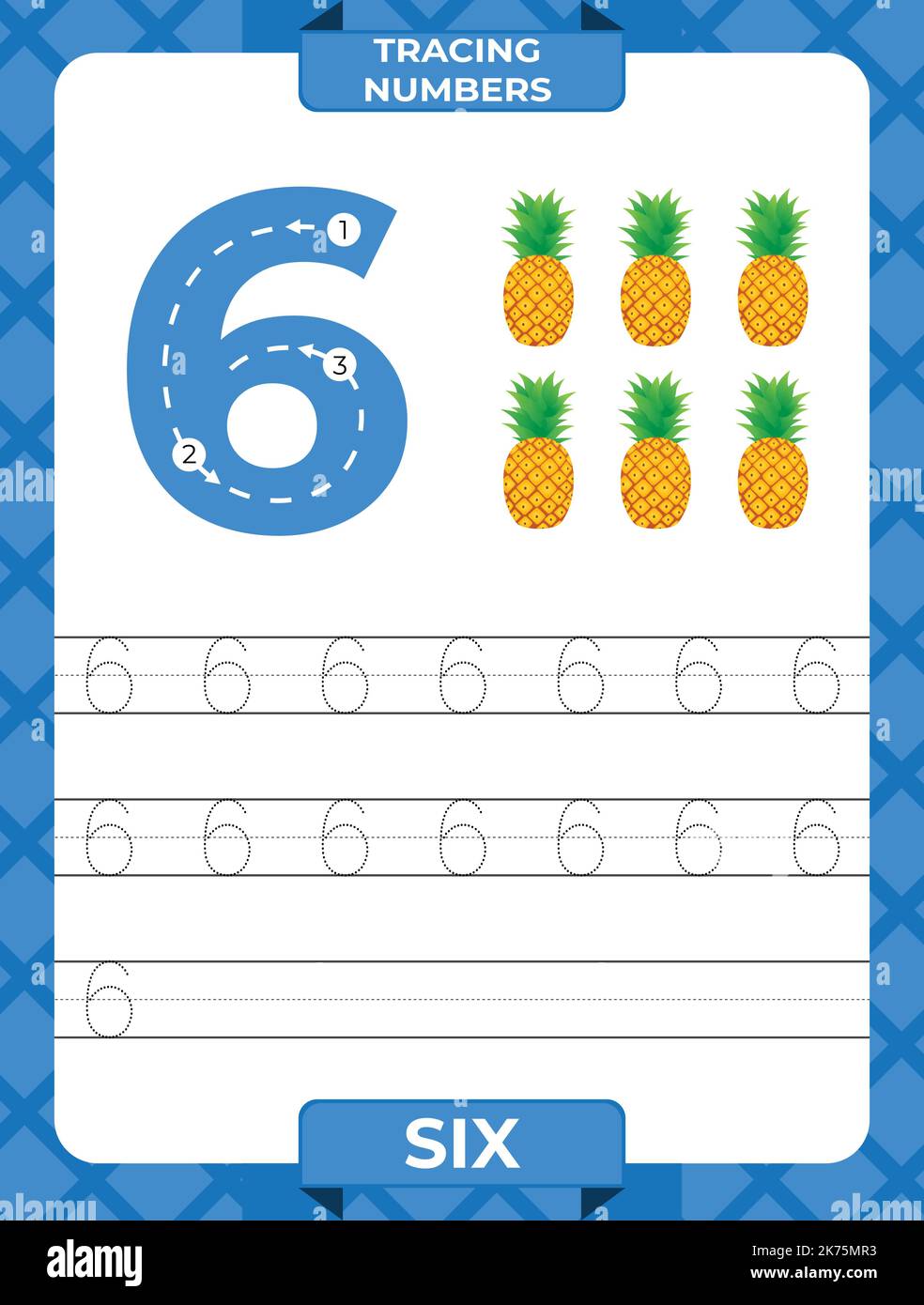 Number 6 trace, Worksheet for learning numbers, kids learning material, kids activity page. Stock Vector