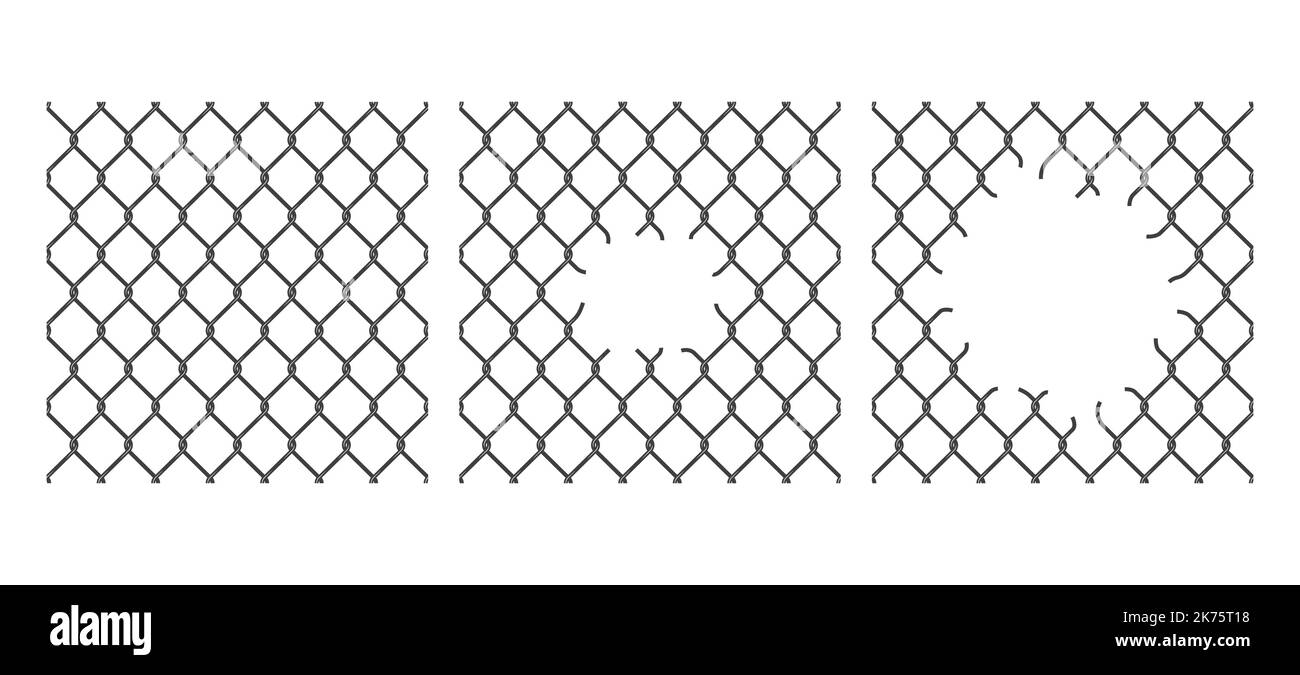 Rabitz chain link pattern background. Whole and ripped fence mesh. Metal mesh realistic texture or steel braided grate 3d vector background. Metallic chain link pattern with hole, gap or breach Stock Vector