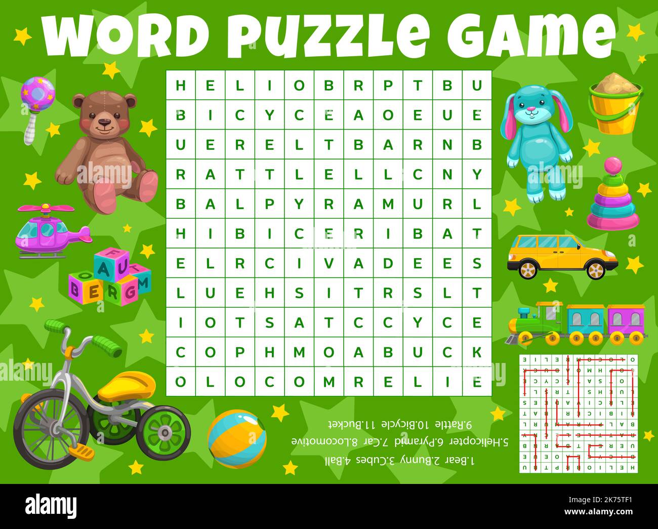 Cartoon kids toys. Word search puzzle game worksheet. Kids quiz grid
