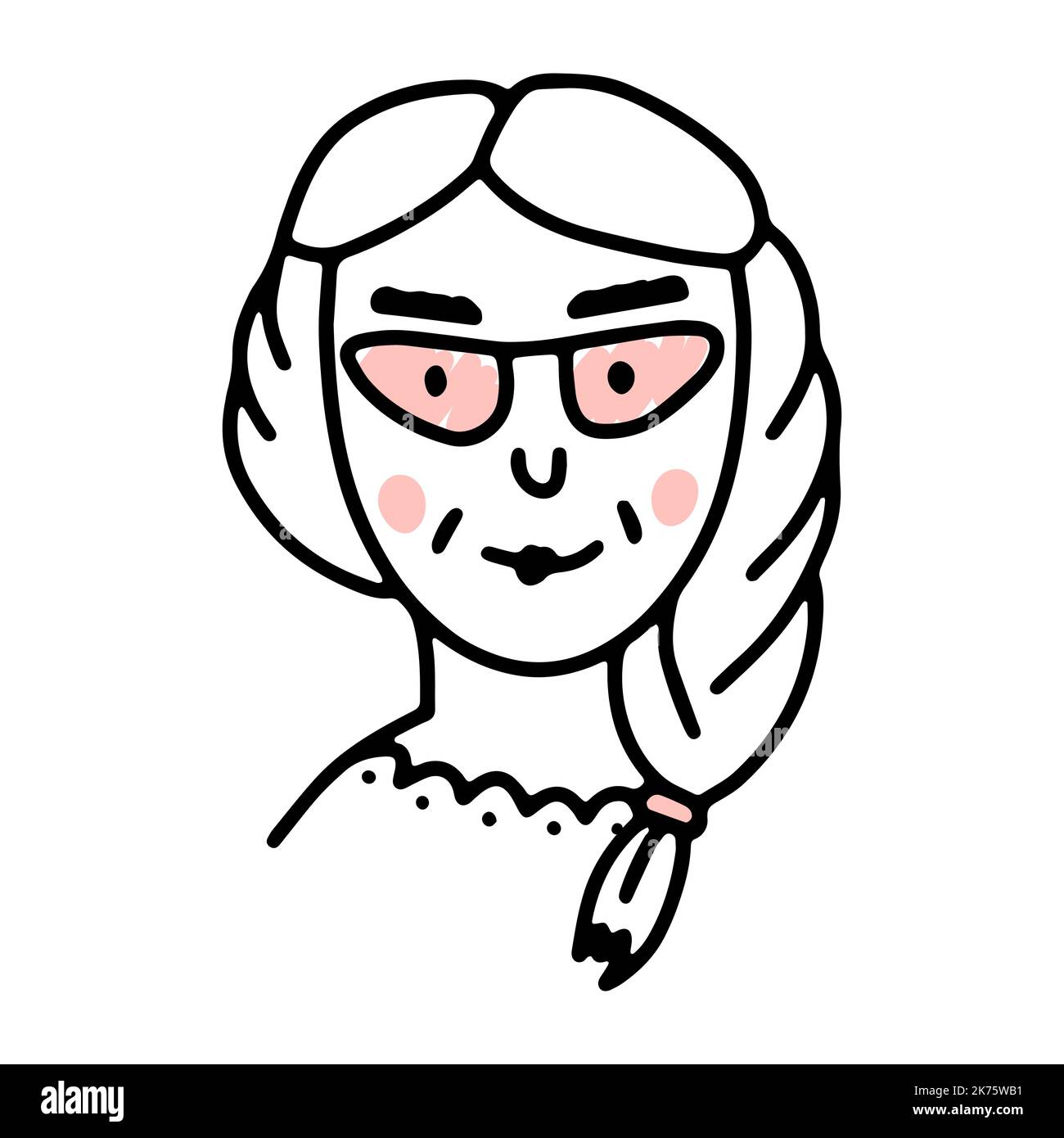 Doodle elderly woman with pink glasses, braid hairstyle, lace. Hand-drawn human face isolated on white background. Cartoon Funny grandma. Female portr Stock Vector