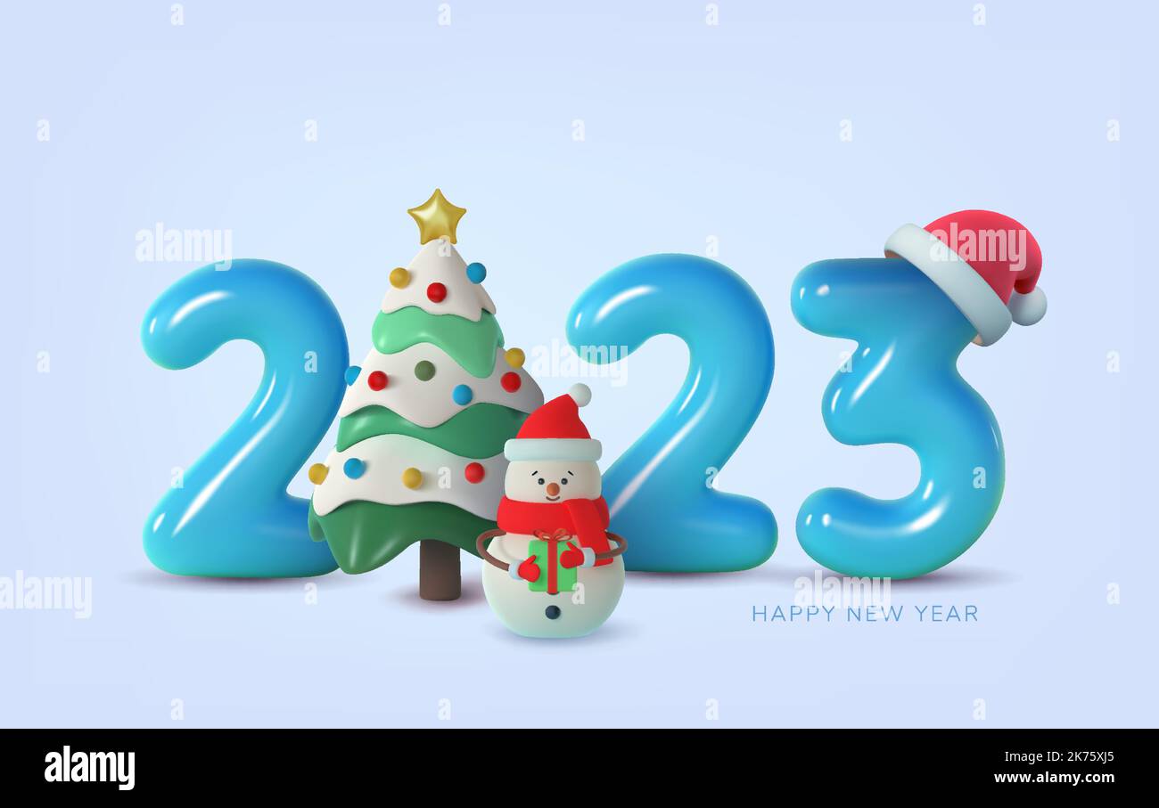 2023, banner with a Christmas tree, snowman and aSanta Claus hat, with
