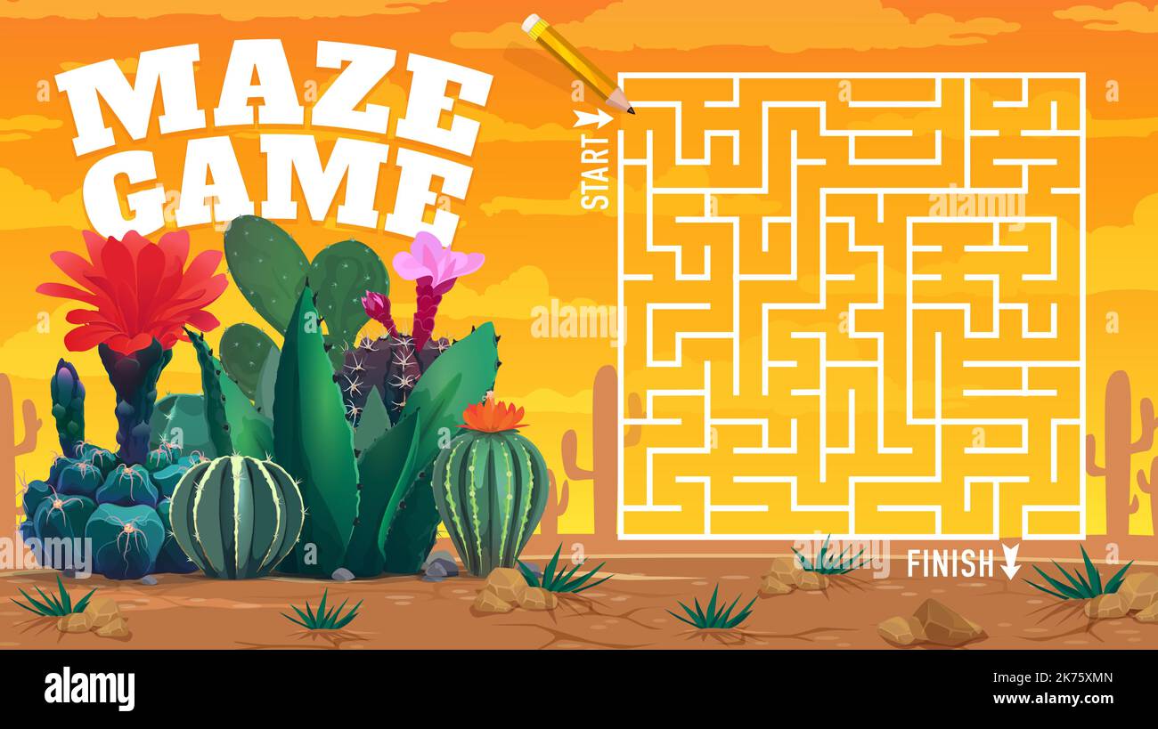 Cactuses and succulents in desert labyrinth maze. Vector kids board ...