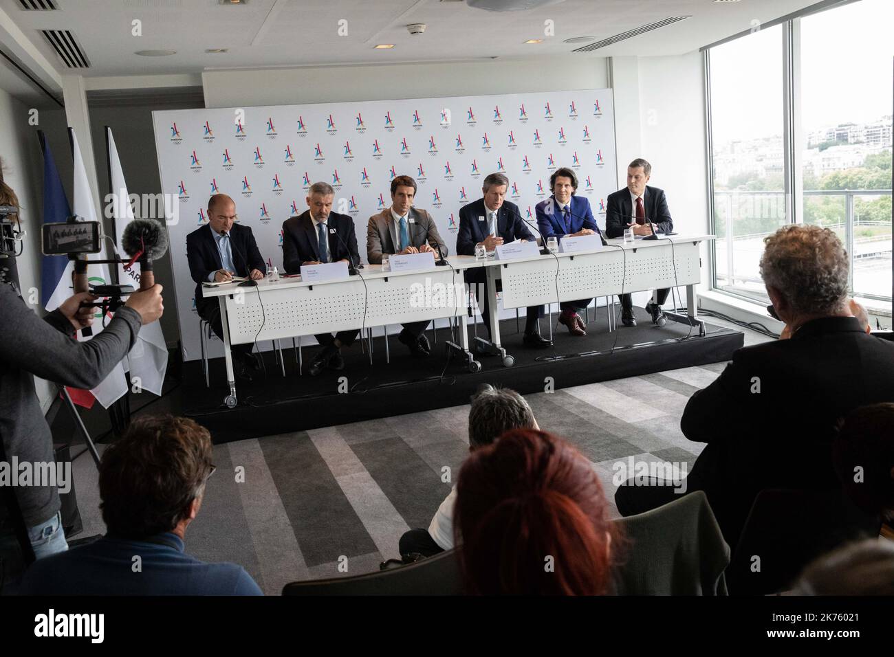Press conference to make a point on the organization of the Olympic Games in Paris in 2024, on the occasion of the visit of the Coordination Commission of the IOC. In the presence of Etienne Thobois, Director General of the Organizing Committee of the Olympic Games in Paris 2024, Tony Estanguet President of Paris 2024, Pierre-Olivier Beckers-Vieujant President of the Coordination Commission of the Games, Christophe Dubi Director of Sports of the IOC, in Paris, on june 18, 2018. Stock Photo