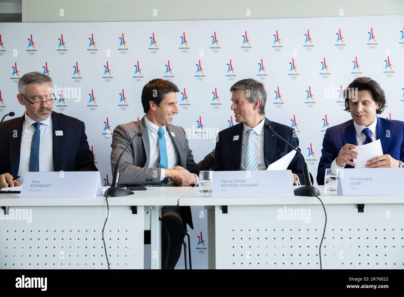 Press conference to make a point on the organization of the Olympic Games in Paris in 2024, on the occasion of the visit of the Coordination Commission of the IOC. In the presence of Etienne Thobois, Director General of the Organizing Committee of the Olympic Games in Paris 2024, Tony Estanguet President of Paris 2024, Pierre-Olivier Beckers-Vieujant President of the Coordination Commission of the Games, Christophe Dubi Director of Sports of the IOC, in Paris, on june 18, 2018. Stock Photo