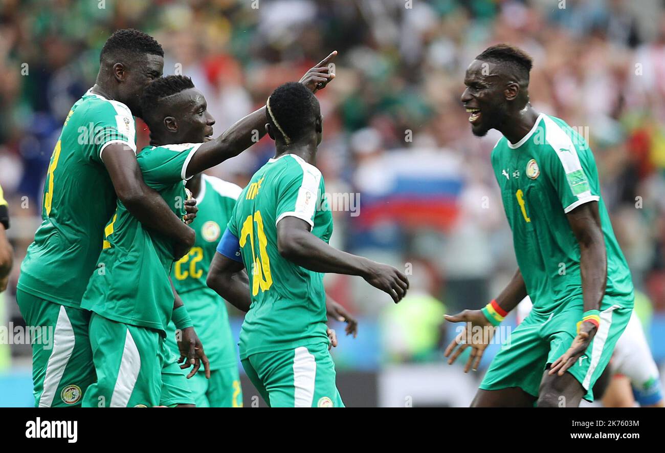Â©Pierre Teyssot/MAXPPP ; 19/06/2018; Spartak  Stadium, Moscow, Russia; FIFA World Cup Football, Group H, Football Match Poland versus Senegal;  Pictured: Idrissa Gueye react with team mates after he scores Â© Pierre Teyssot / Maxppp Stock Photo