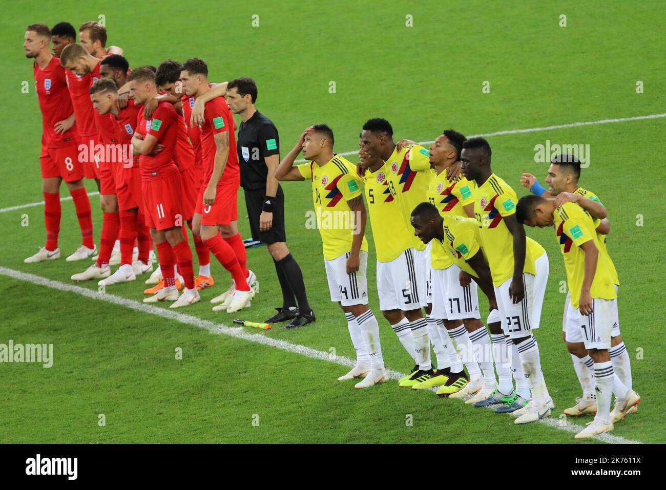 FIFA World Cup Football Russia 2018, Spartak Stadium, Moscow, Russia; World Cup round of 16 football match M56 Columbia vs England; Shout-out penalty game;  Pictured: Teams from Columbia and England © Pierre Teyssot / Maxppp Stock Photo