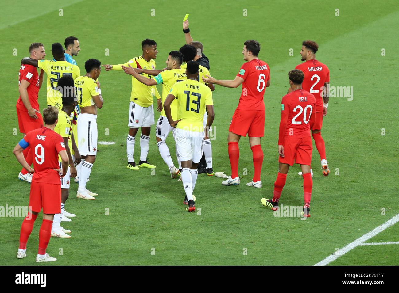 FIFA World Cup Football Russia 2018, Spartak Stadium, Moscow, Russia; World Cup round of 16 football match M56 Columbia vs England;  Pictured: COL5 MF Wilmar Barrios - (Boca Juniors, Arg) gets  a yellow card © Pierre Teyssot / Maxppp Stock Photo