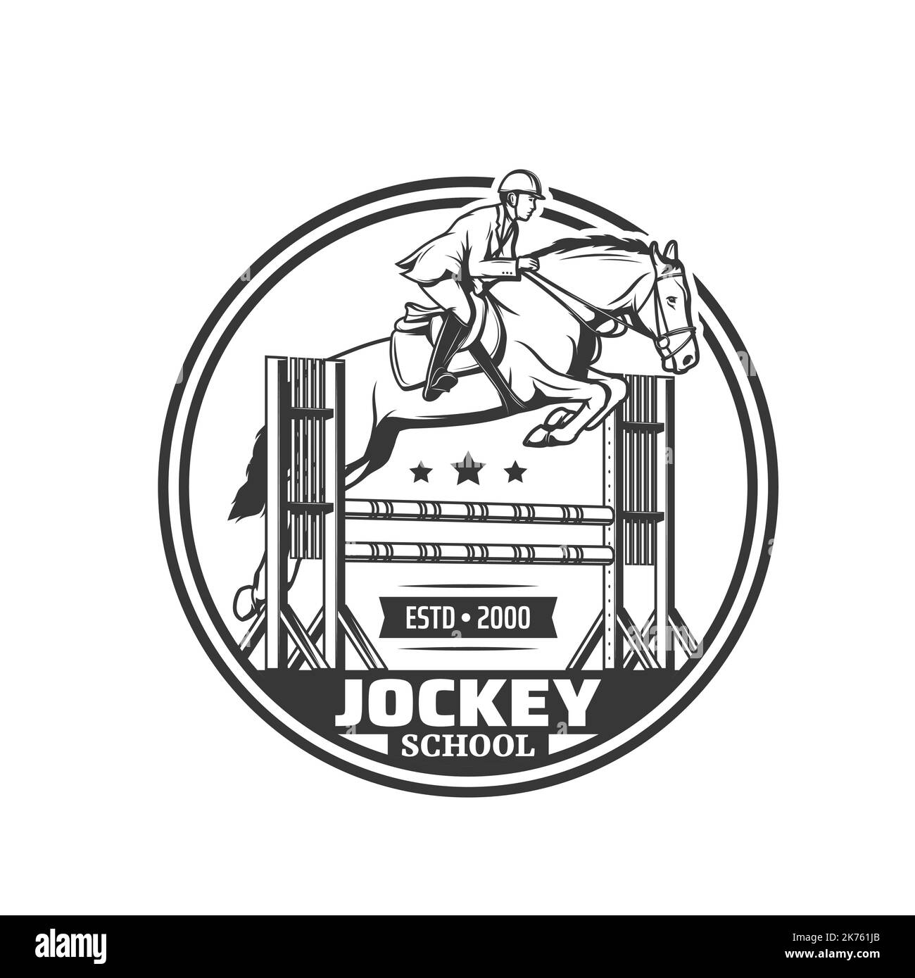 Jockey school vector icon of equestrian sport horse and rider jumping over barrier, jockey boots and helmet, equine harness, saddle. Show jumping, dressage, horse racing or derby isolated symbol Stock Vector