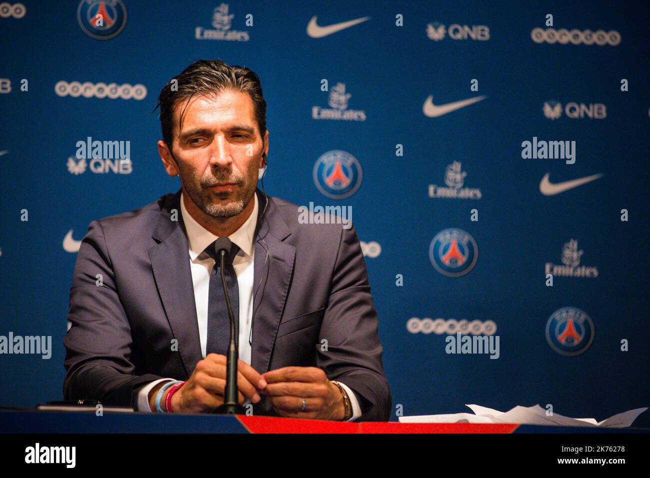 Press conference introducing the new player from Paris Saint Germain (PSG), former Juventus and Italian goalkeeper Gianluigi Buffon, in Paris, on July 9th, 2018.     Stock Photo