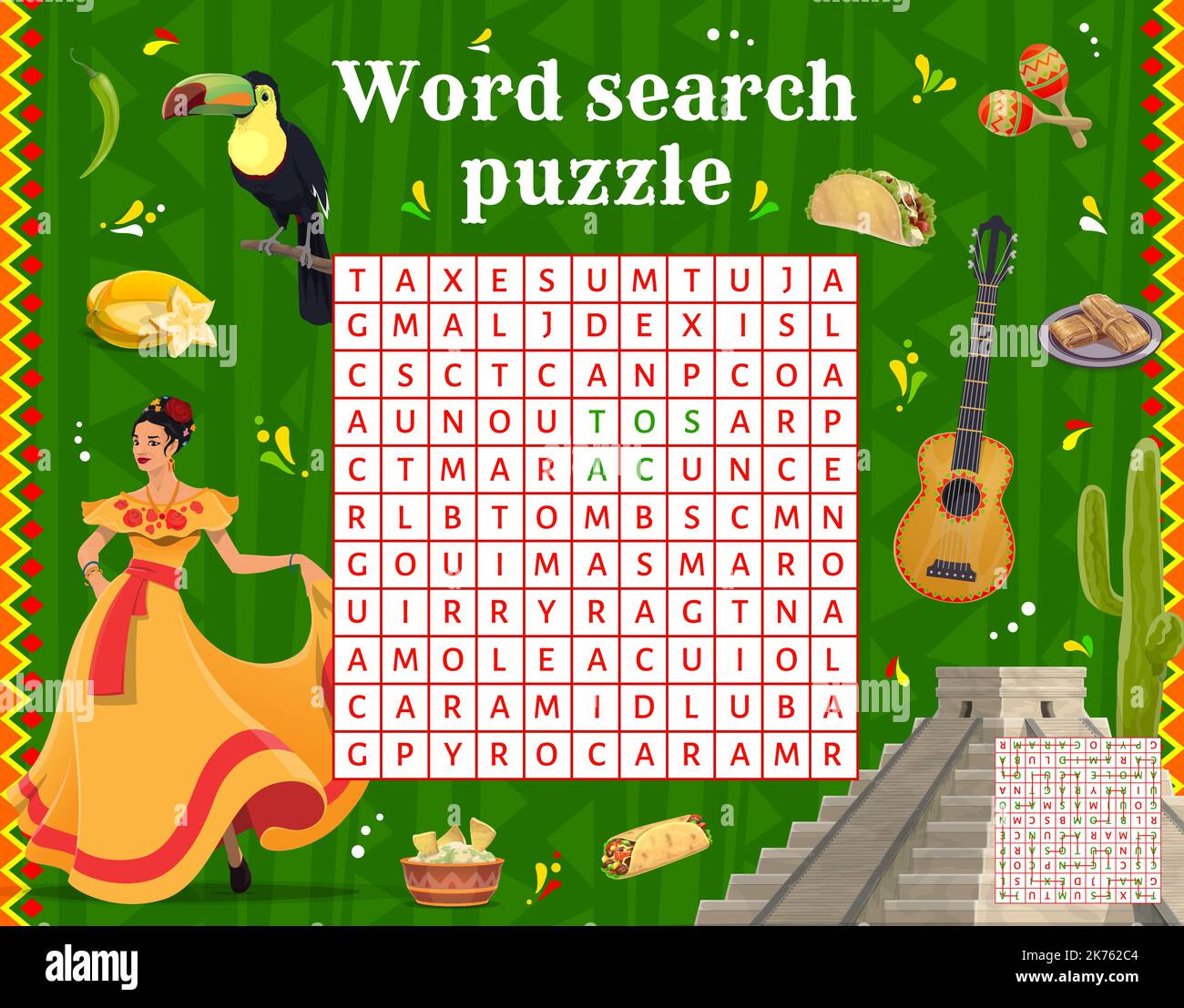 Word search puzzle game worksheet with Mexican woman, food and national