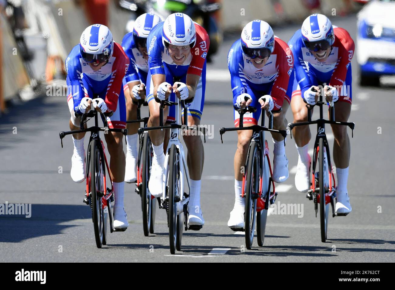 GROUPAMA FDJ. Cholet 9 juillet 2018. Tobias LUDVIGSSON, Arthur VICHOT, Arnaud DEMARE, Rudy MOLARD et Ramon SINKELDAM. PHOTO Alexandre MARCHI. -   Tour de France 2018 - cycling race takes place from july 7th to 29th 2018. 21 stages - 3 351kms - Stock Photo