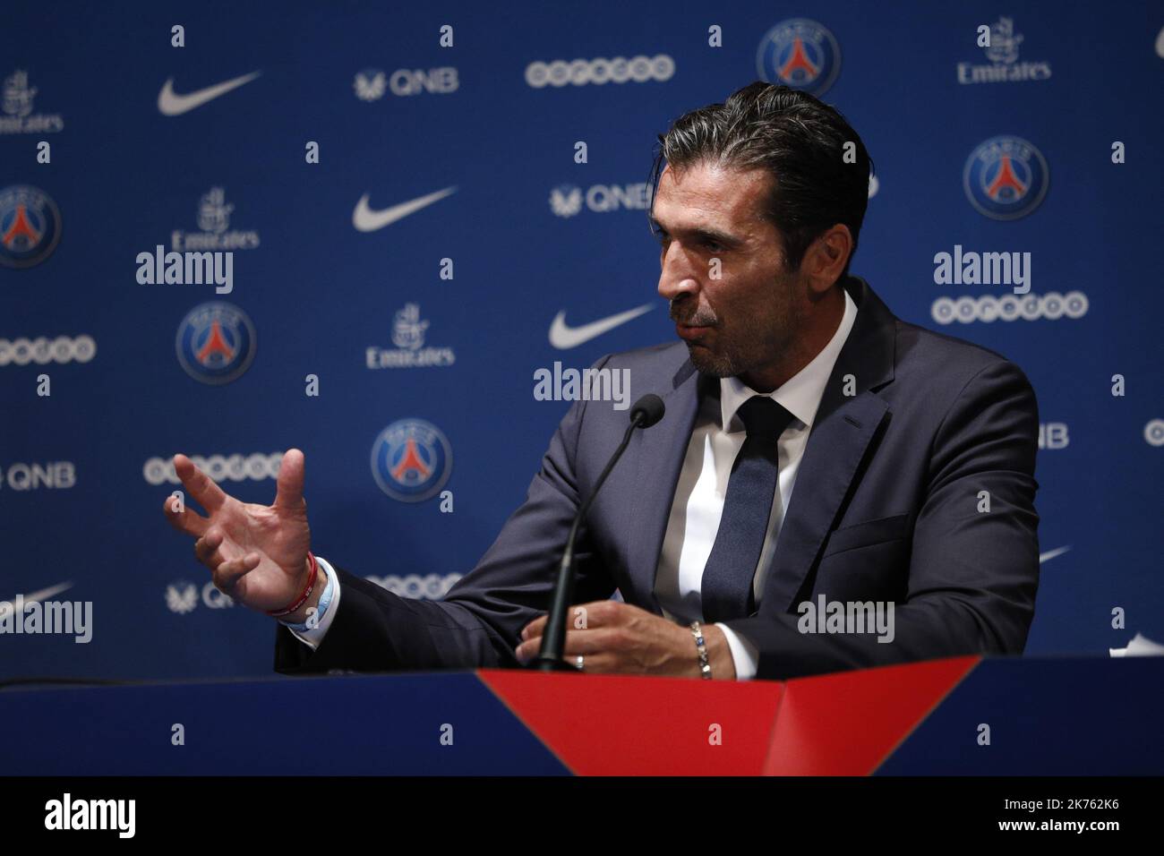 Italian goalkeeper Gianluigi Buffon, who has signed up for PSG, is officially presented to the press at Parc des Princes in the presence of his family and Nasser Ben Ghanim Al-Khelaïfi. Stock Photo