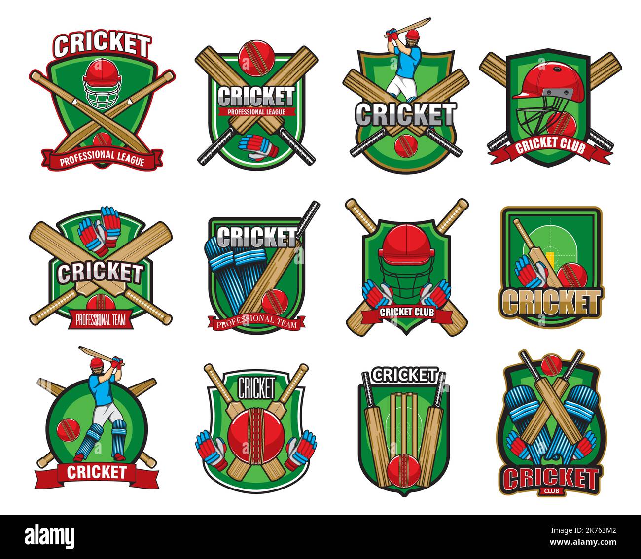 Cricket sport game icons. Players, helmet, ball and bat, protective gear pads. Cricket game competition vector symbols, sport tournament and championship badge, cricket league team icons Stock Vector