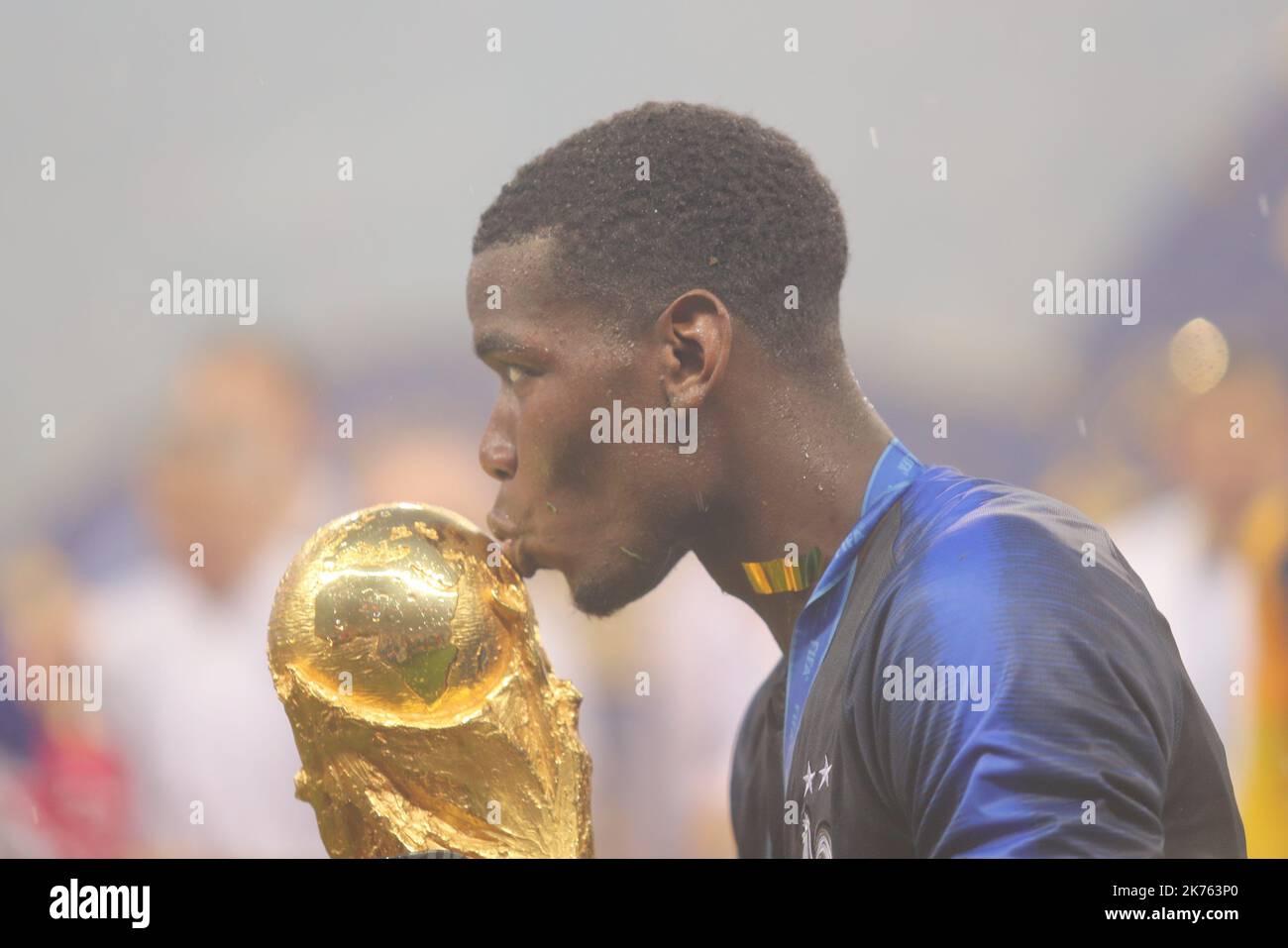 FIFA World Cup Russia 2018, Final Football Match France versus Croatia, France is the new World Champion. France won the World Cup for the second time 4-2 against Croatia. Pictured: Paul Pogba gives a kiss to the Trophy © Pierre Teyssot / Maxppp Stock Photo