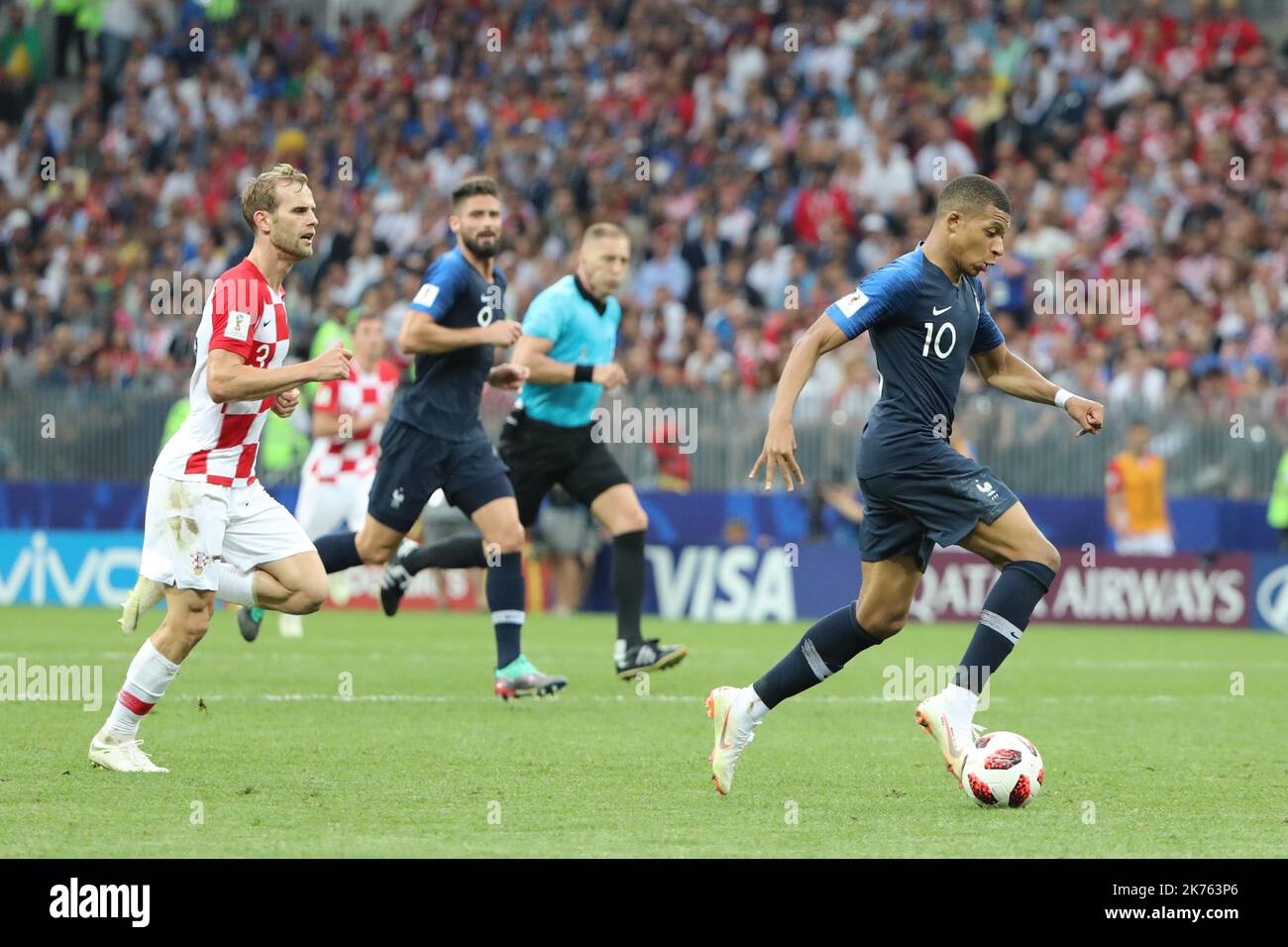 FIFA World Cup Russia 2018, Final Football Match France versus Croatia, France is the new World Champion. France won the World Cup for the second time 4???2 against Croatia. Pictured: Kylian Mbappe plays the ball. © Pierre Teyssot / Maxppp Stock Photo