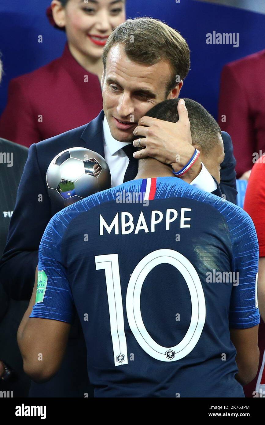 FIFA World Cup Russia 2018, Final Football Match France versus Croatia, France is the new World Champion. France won the World Cup for the second time 4-2 against Croatia. Pictured: French President Emmanuel Macron, Kylian Mbappe © Pierre Teyssot / Maxppp Stock Photo