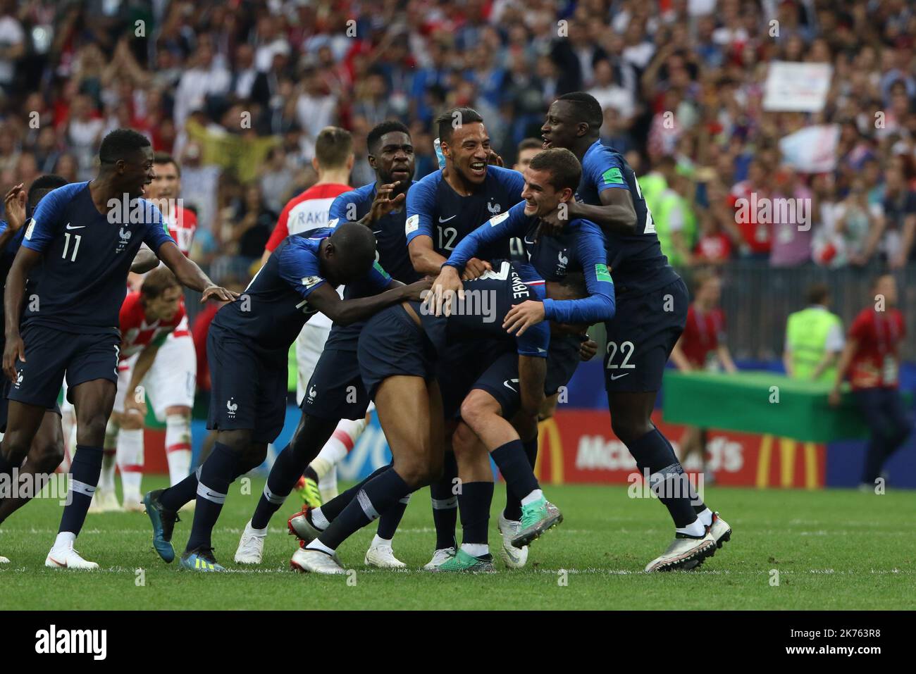 FIFA World Cup Russia 2018, Final Football Match France versus Croatia, France is the new World Champion. France won the World Cup for the second time 4-2 against Croatia. Pictured: Kylian Mbappe, Antoine Griezmann, Olivier Giroud and team mates reacts after a goal © Pierre Teyssot / Maxppp Stock Photo