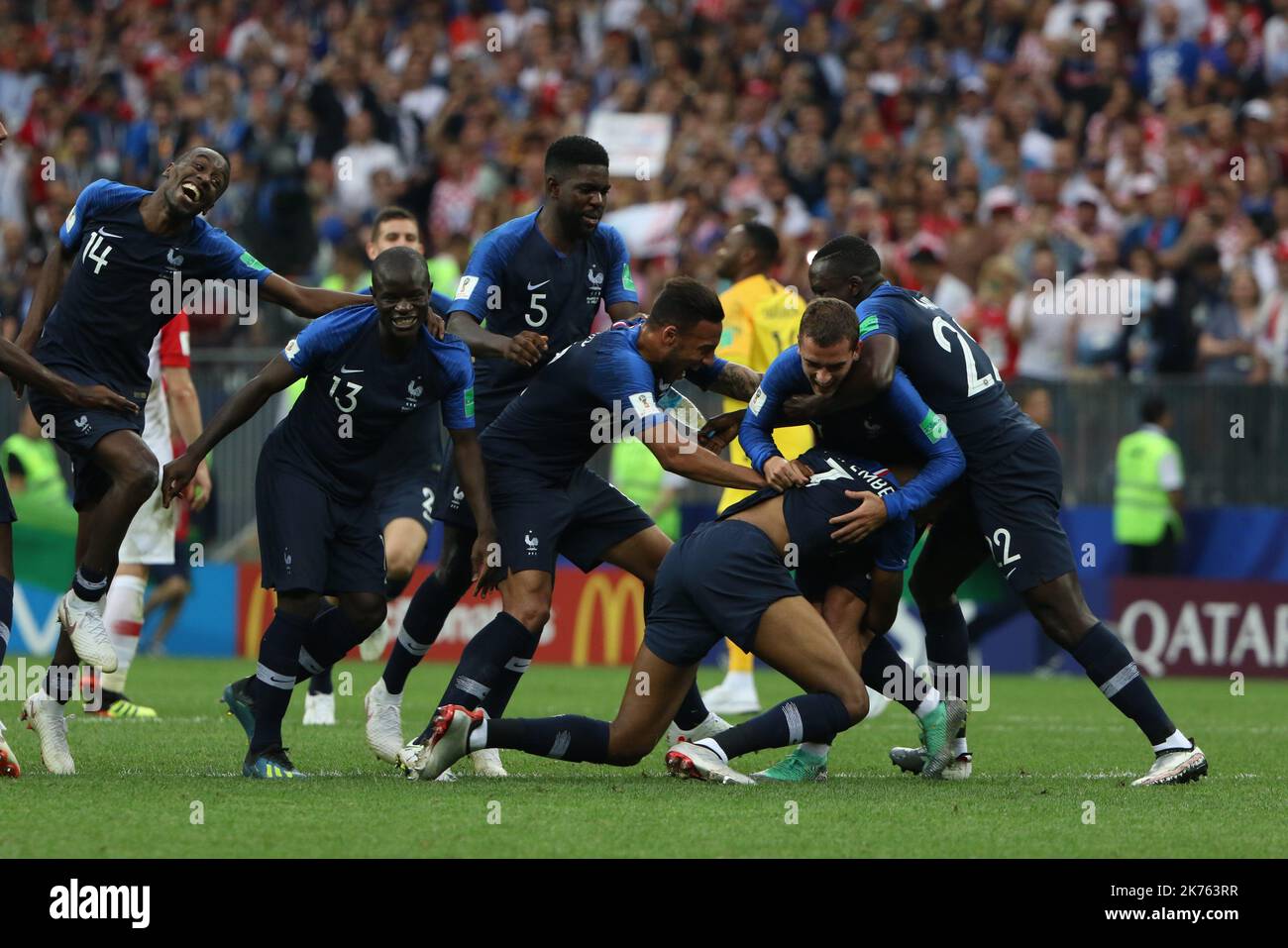 FIFA World Cup Russia 2018, Final Football Match France versus Croatia, France is the new World Champion. France won the World Cup for the second time 4-2 against Croatia. Pictured: French players, Blaise Matuidi, Antoine Griezmann, Samuel Umtiti, Antoine Griezmann and Team mates © Pierre Teyssot / Maxppp Stock Photo