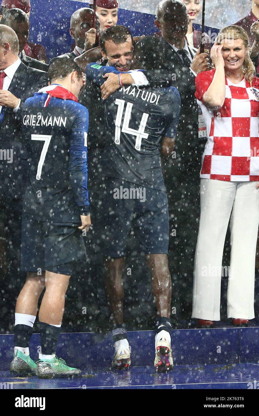 FIFA World Cup Russia 2018, Final Football Match France versus Croatia, France is the new World Champion. France won the World Cup for the second time 4-2 against Croatia. Pictured: Antoine Griezmann, French President Emmanuel Macron, Blaise Matuidi, Croatian President Kolinda Grabar Kitarovic © Pierre Teyssot / Maxppp Stock Photo