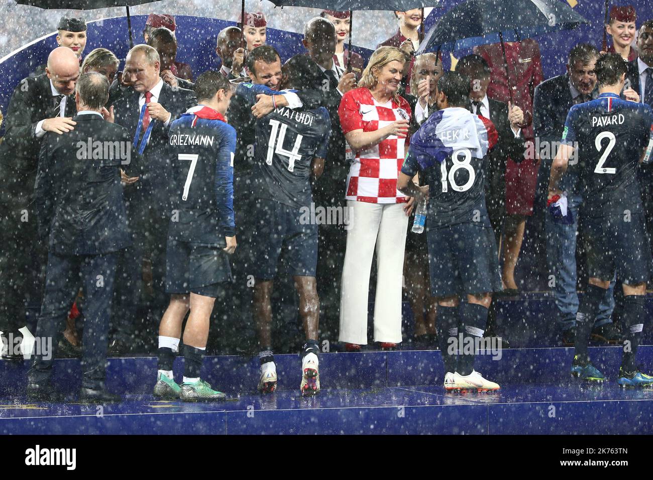 FIFA World Cup Russia 2018, Final Football Match France versus Croatia, France is the new World Champion. France won the World Cup for the second time 4-2 against Croatia. Pictured: French President Emmanuel Macron congrates French player, Antoine Griezmann, FRA14 MF Blaise Matuidi, FRA18 FW Nabil Fekir © Pierre Teyssot / Maxppp Stock Photo