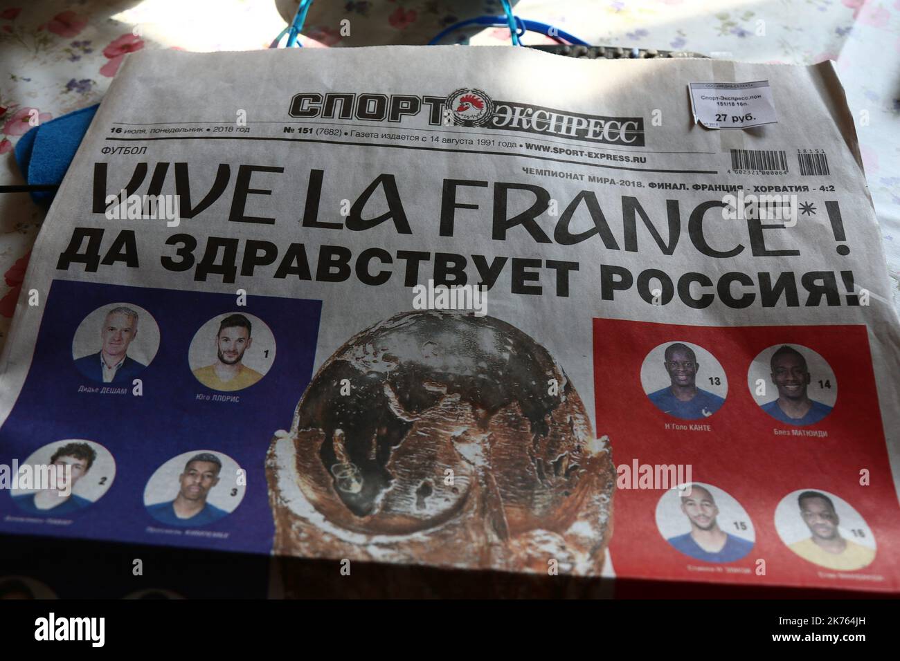 Russian Sport Newspaper 'Sport-express' with head line in French 'Vive la France' the day after the 15/07/2018 day of the Final Football Match France versus Croatia in Luzhniki stadium, Moscow, Russia; FIFA World Cup Russia 2018; France is the new World Champion. France won the World Cup for the second time 4-2 against Croatia. Pictured: The front page © Pierre Teyssot / Maxppp Stock Photo