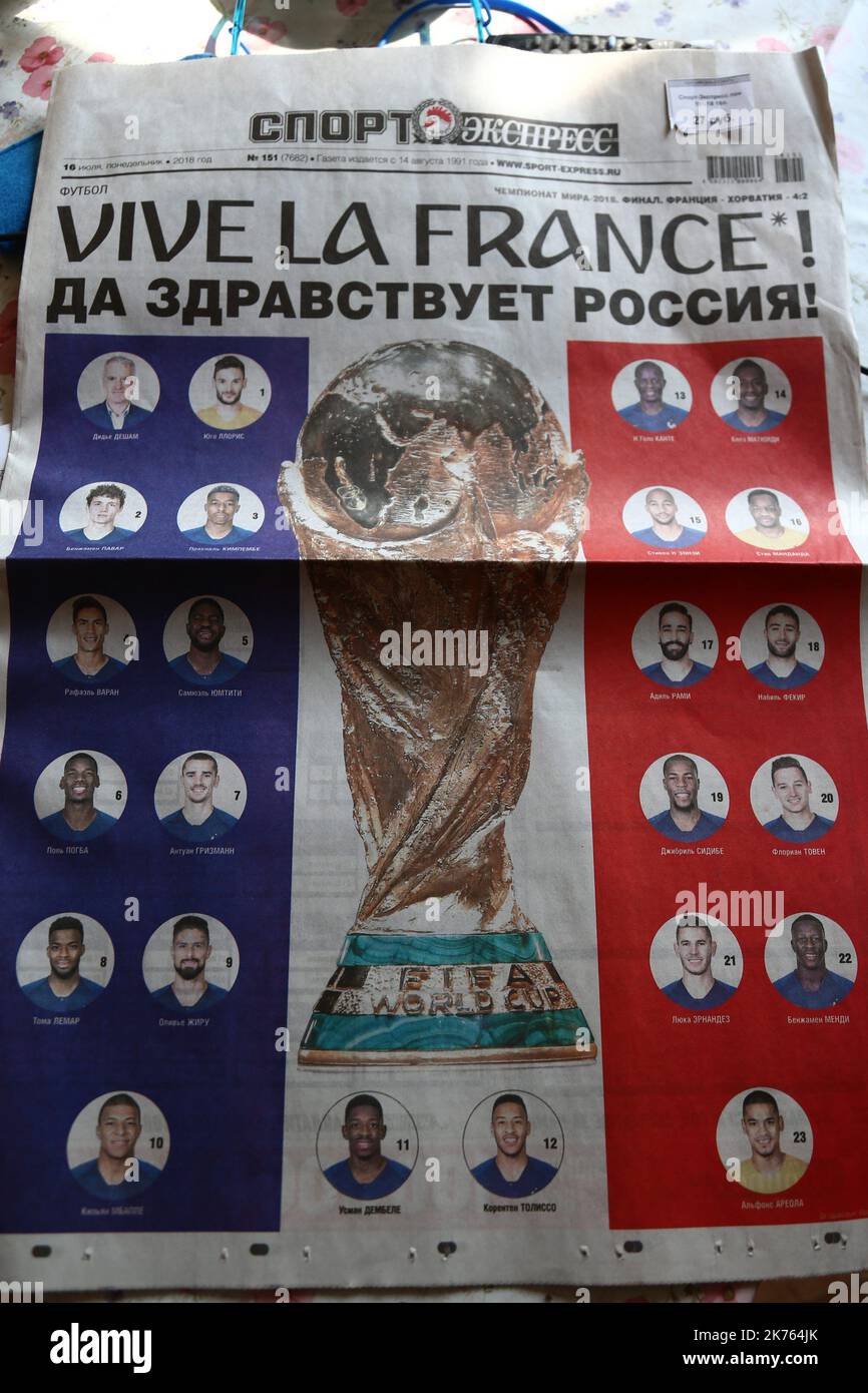 Russian Sport Newspaper 'Sport-express' with head line in French 'Vive la France' the day after the 15/07/2018 day of the Final Football Match France versus Croatia in Luzhniki stadium, Moscow, Russia; FIFA World Cup Russia 2018; France is the new World Champion. France won the World Cup for the second time 4-2 against Croatia.  © Pierre Teyssot / Maxppp Stock Photo