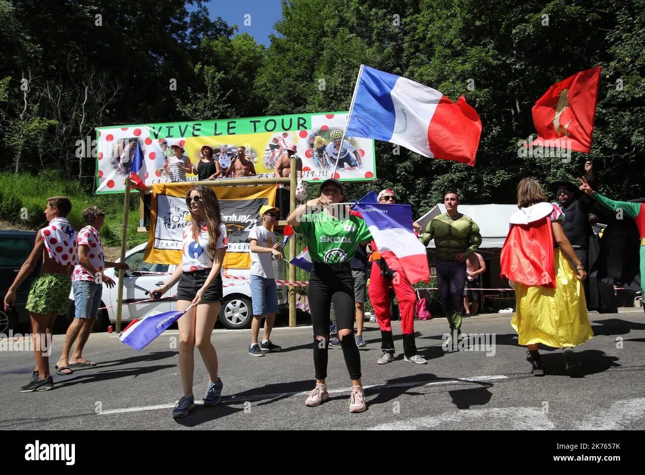 Fans during Stage 12 of the Tour de France 2018 from Bourg-Saint-Maurice Les Arcs to Alpe d'Huez on July 19, 2018. Stock Photo