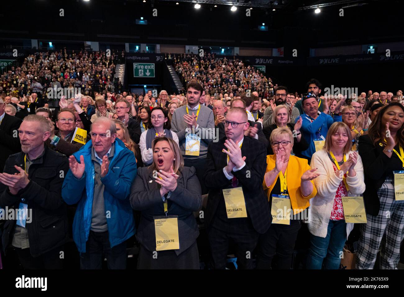 SNP Conference 2022, Aberdeen. Delegates give standing ovation to keynote speech by First Minister Nicola Sturgeon Stock Photo