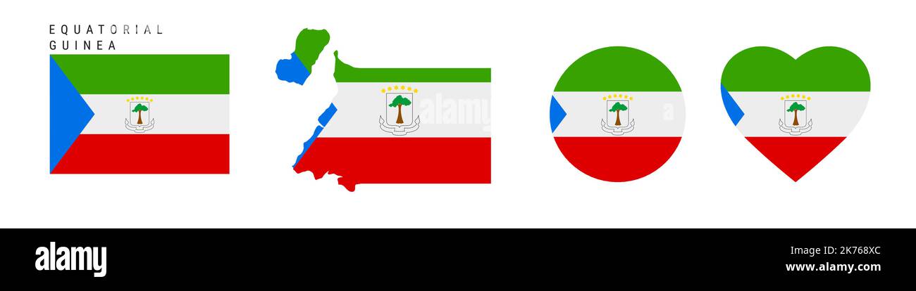 Equatorial Guinea flag icon set. Republic of Equatorial Guinea pennant in official colors and proportions. Rectangular, map-shaped, circle and heart-s Stock Vector