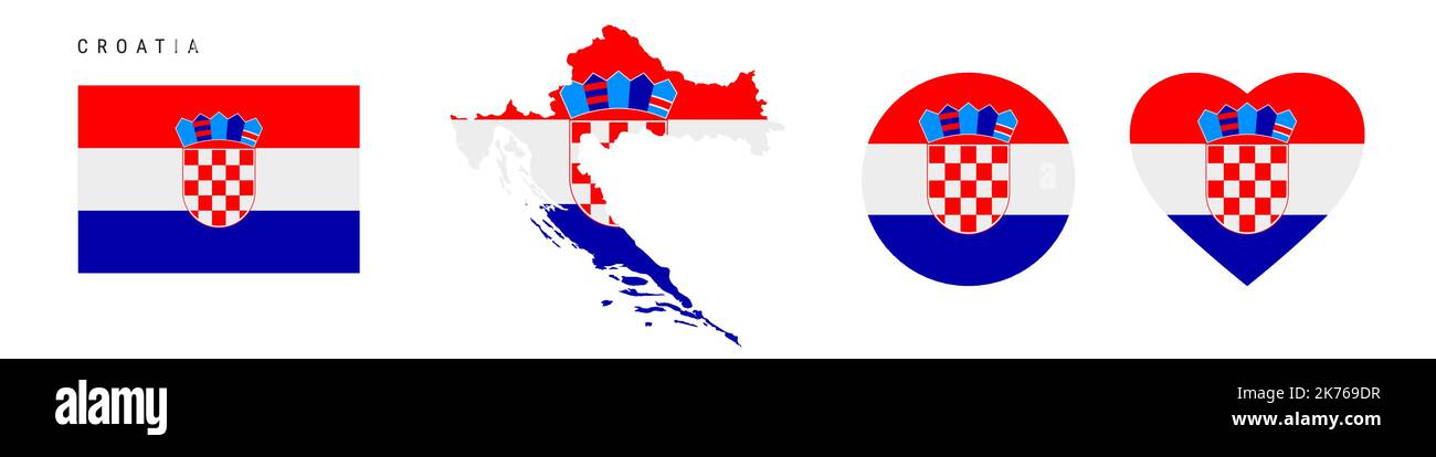 Croatia flag icon set. Croatian pennant in official colors and proportions. Rectangular, map-shaped, circle and heart-shaped. Flat vector illustration Stock Vector