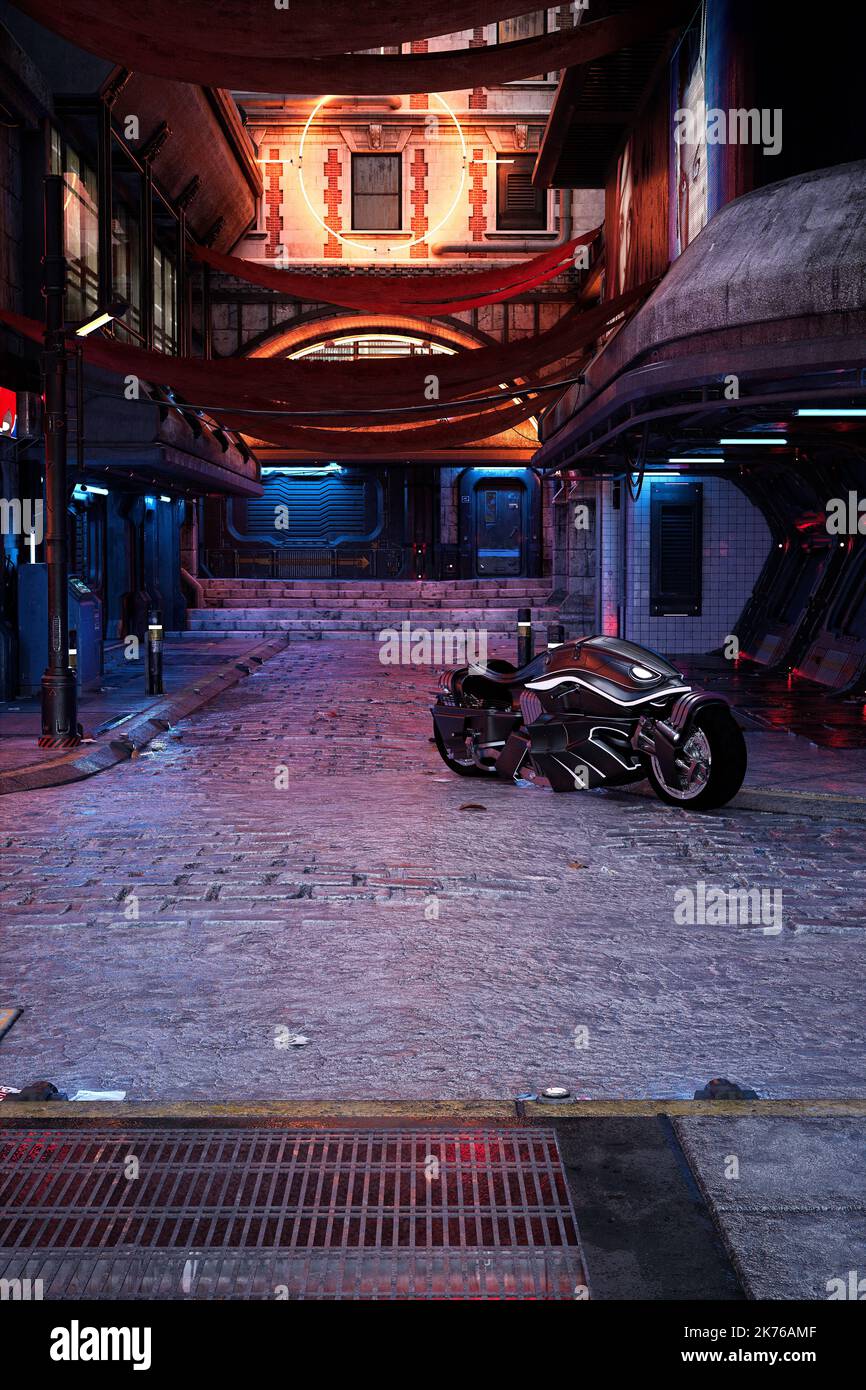 Portrait format 3D rendering of cyberpunk city street at night with a fantasy futuristic motorcycle parked on the corner. Stock Photo