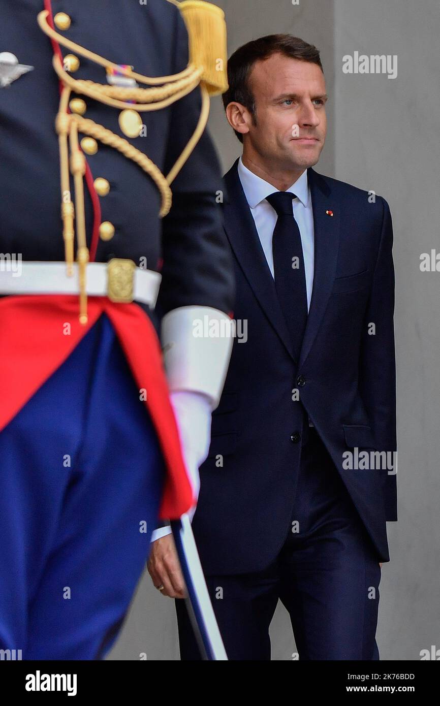 Japanese Prime Minister Shinzo Abe visits the President of the French Republic, Emmanuel Macron, at the Elysee Palace Stock Photo