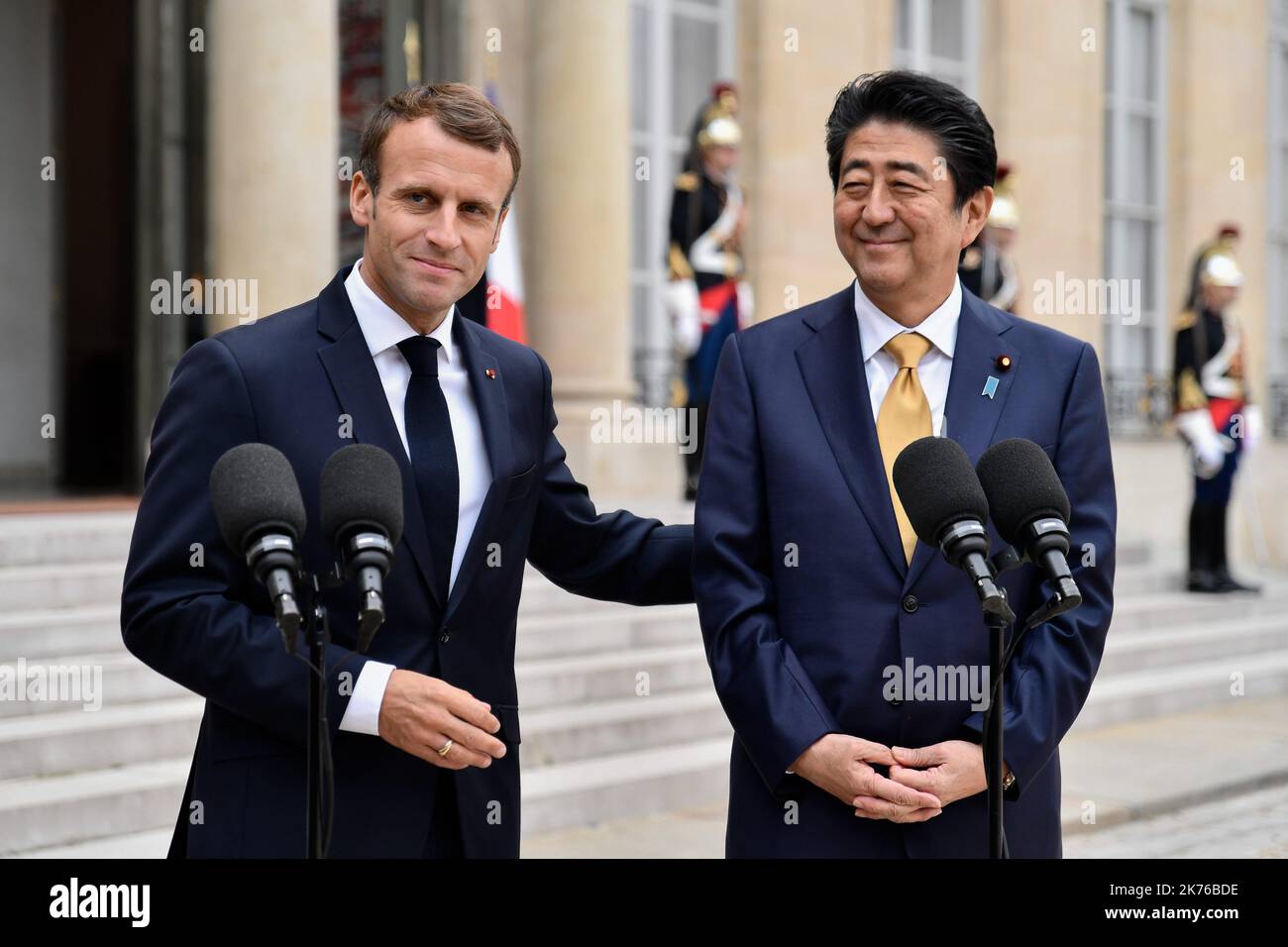 Japanese Prime Minister Shinzo Abe visits the President of the French Republic, Emmanuel Macron, at the Elysee Palace Stock Photo