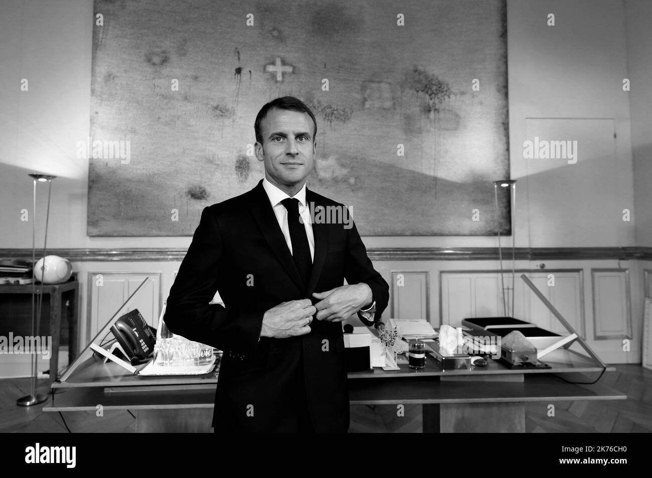 The President of the Republic Emmanuel Macron at the Elysée during an interview on the occasion of the centenary of the end of the First World War. Stock Photo