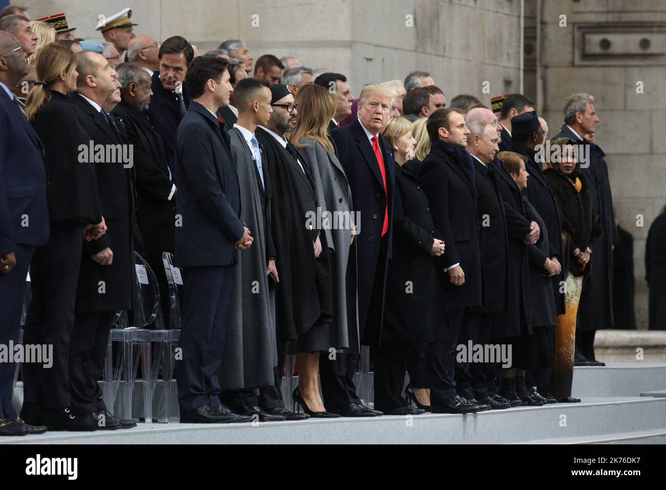 US President Donald Trump, wife Melania Trump, French President Emmanuel Macron at the Commemorations marking the Centennial of Armistice Day on November 11th at the Arc de Arc de triomphe, Paris Stock Photo