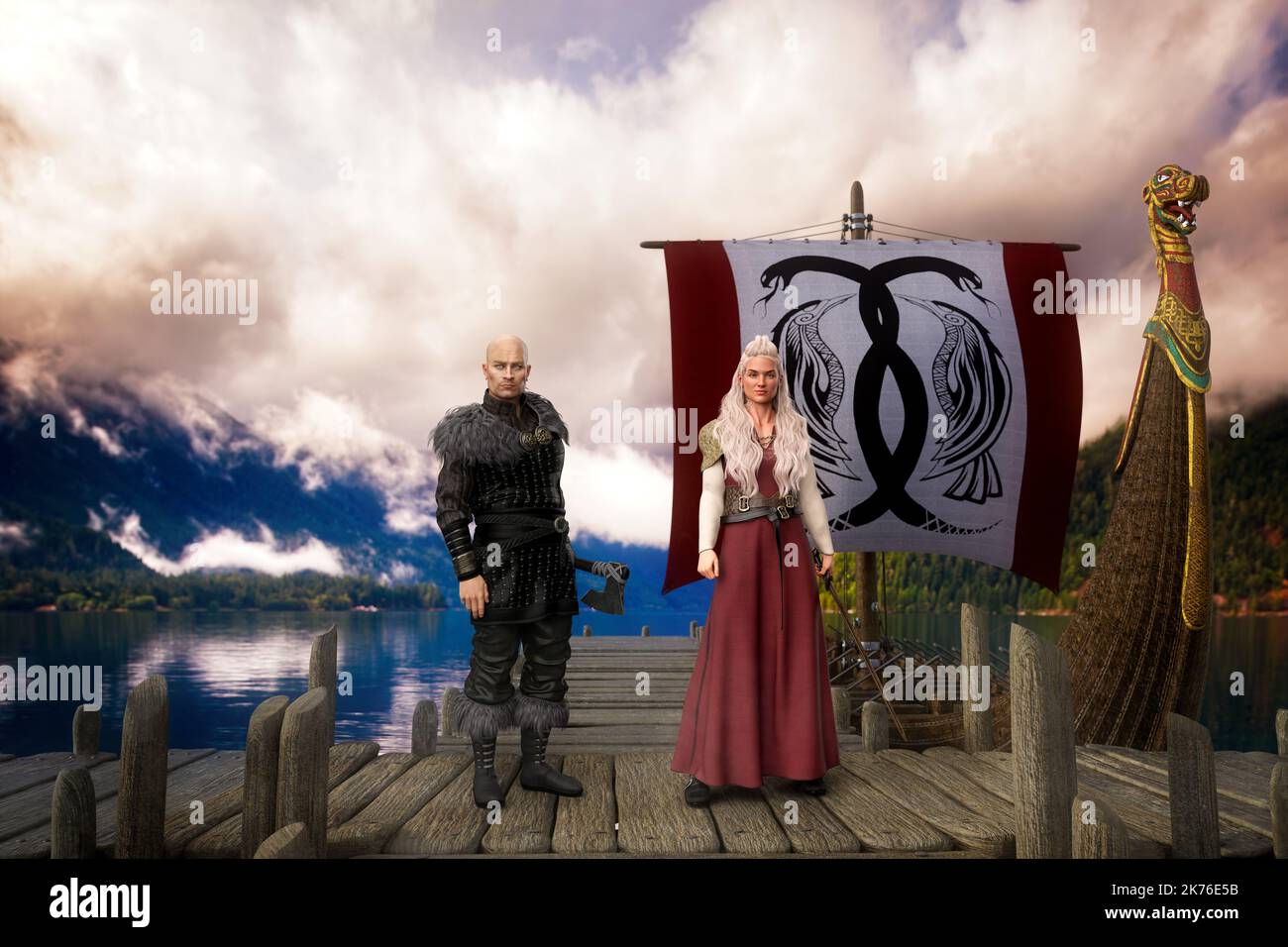 Viking man and woman standing on a pier by a long boat. 3D illustration. Stock Photo