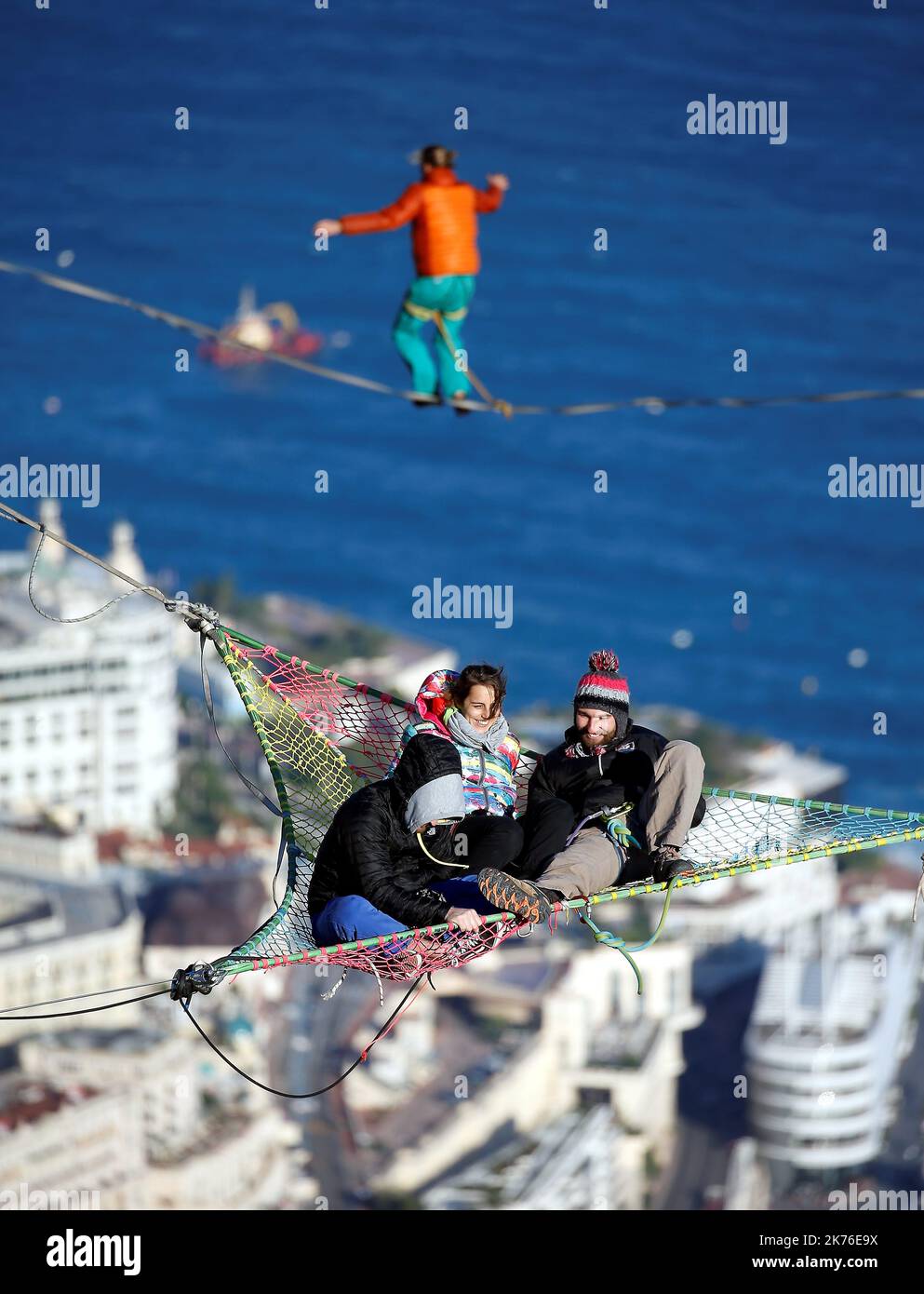 Slackline tightrope walker at La Turbie above Monaco Stock Photo Alamy